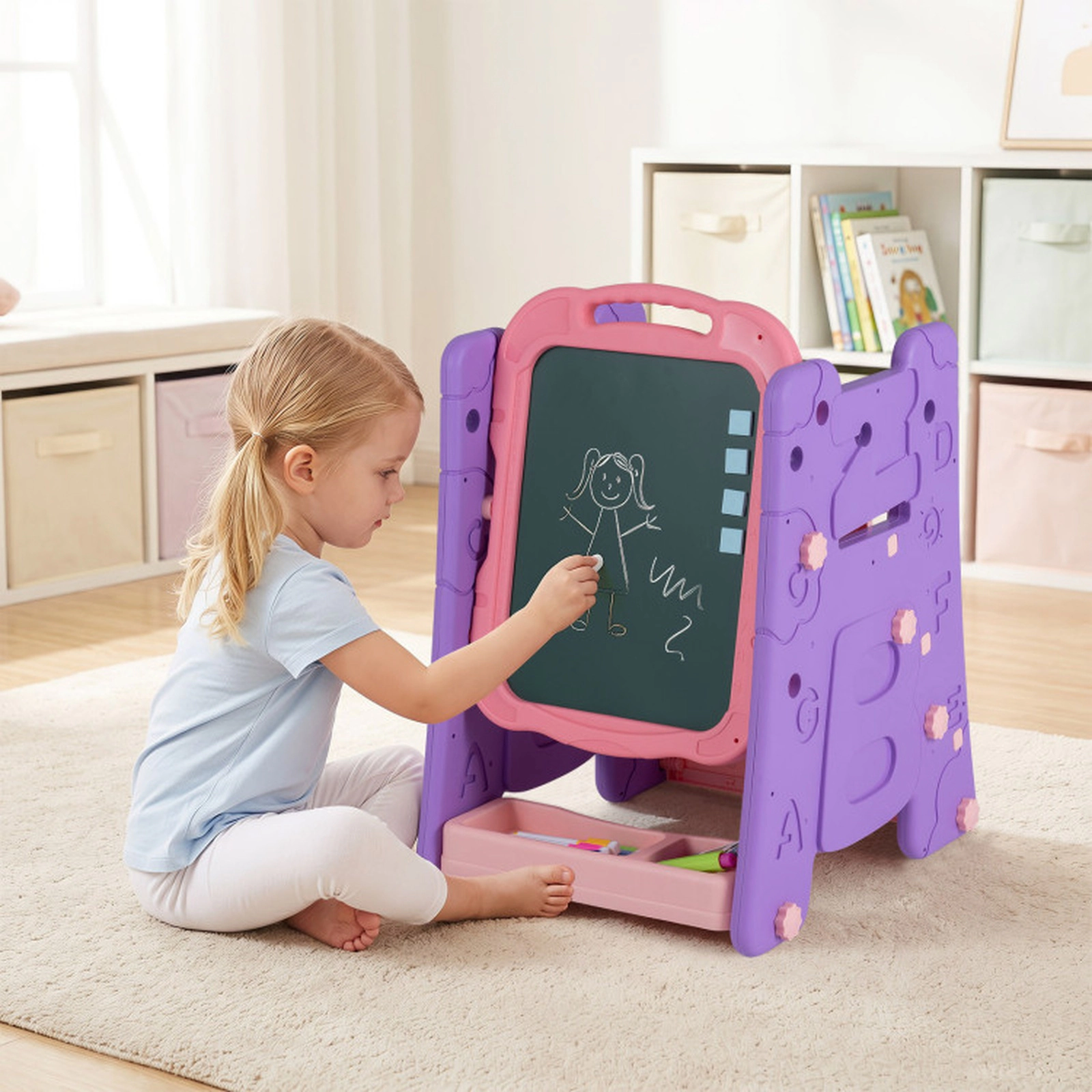 SUGIFT 4-in-1 Adjustable Art Easel for Kids with Double-Sided Magnetic Whiteboard and Blackboard Pink & Purple