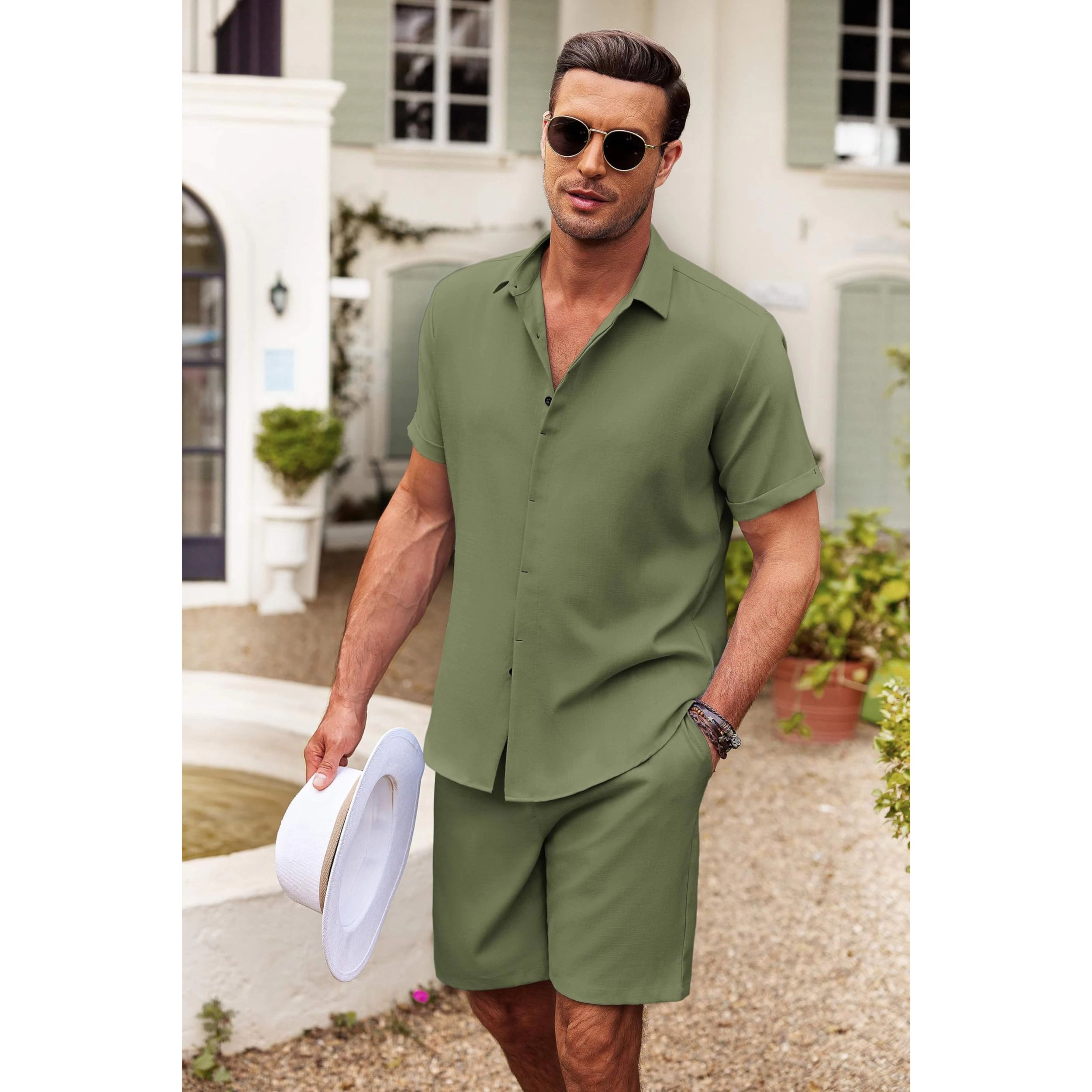 COOFANDY Men's Regular Fit Short Sleeve Button Down Shirt and Shorts Two Piece Set