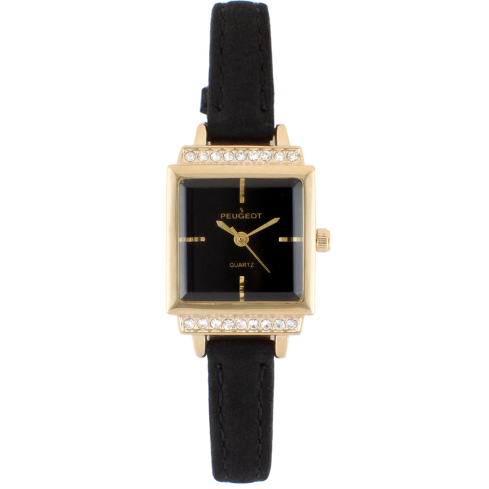 Peugeot Women's 22mm Gold Crystal Watch With Black Dial & Tan Strap