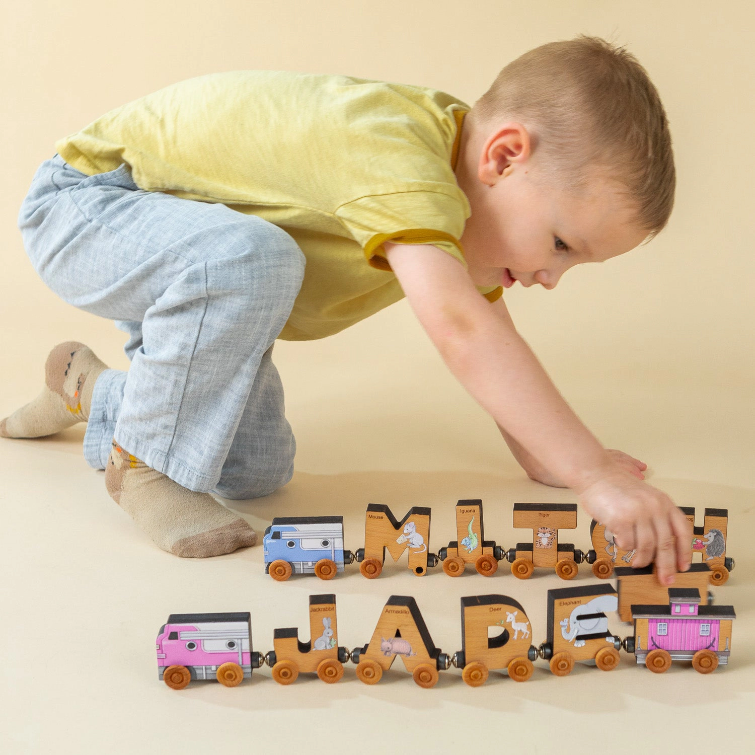 Wooden ABC Magnetic Letter Train Set with Organic Cotton Bag - Cherry Wood - Made in USA