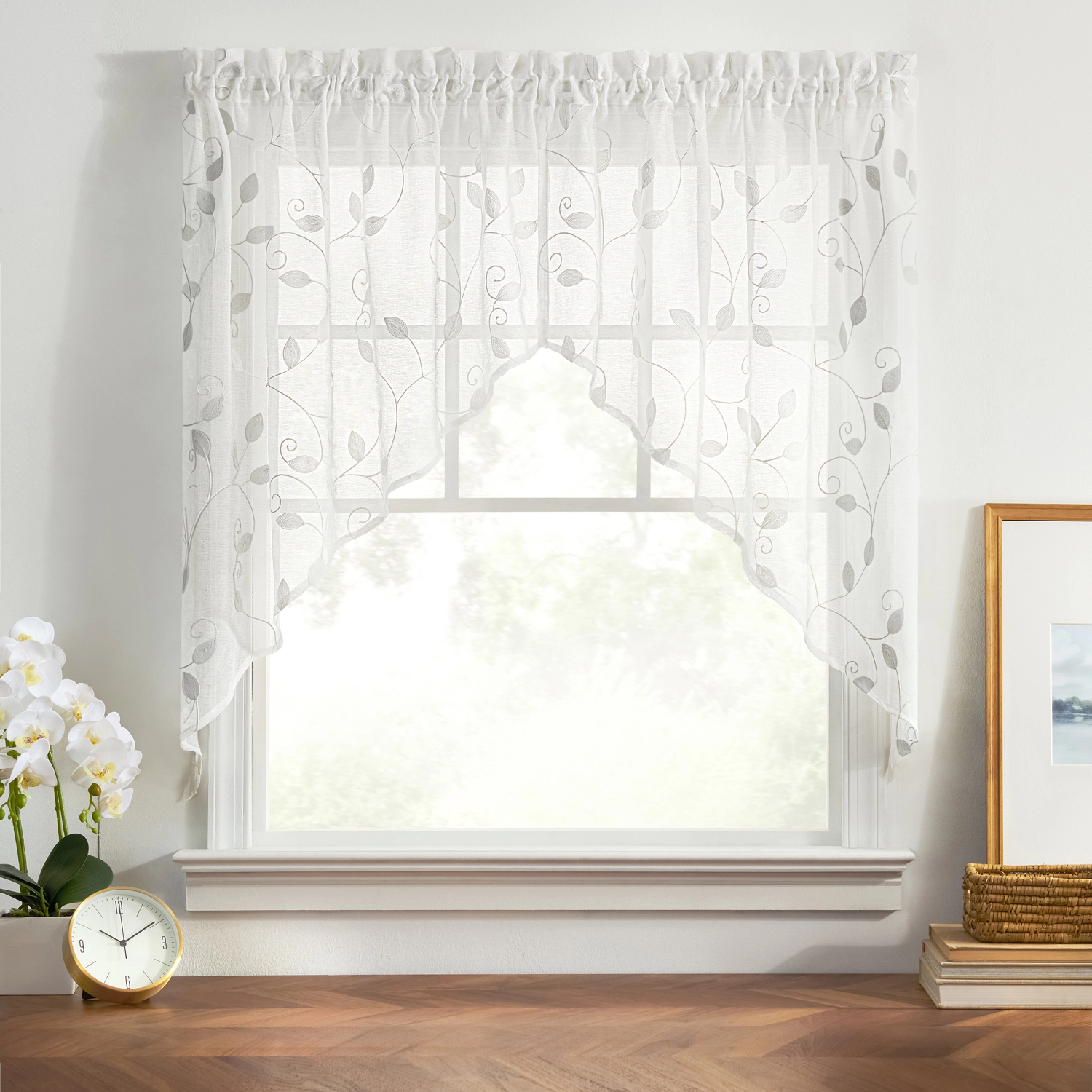 Ellis Curtain Chatham 100% Polyester Tailored Embroidered Sheer Rod Pocket Valances 70" x 15" White