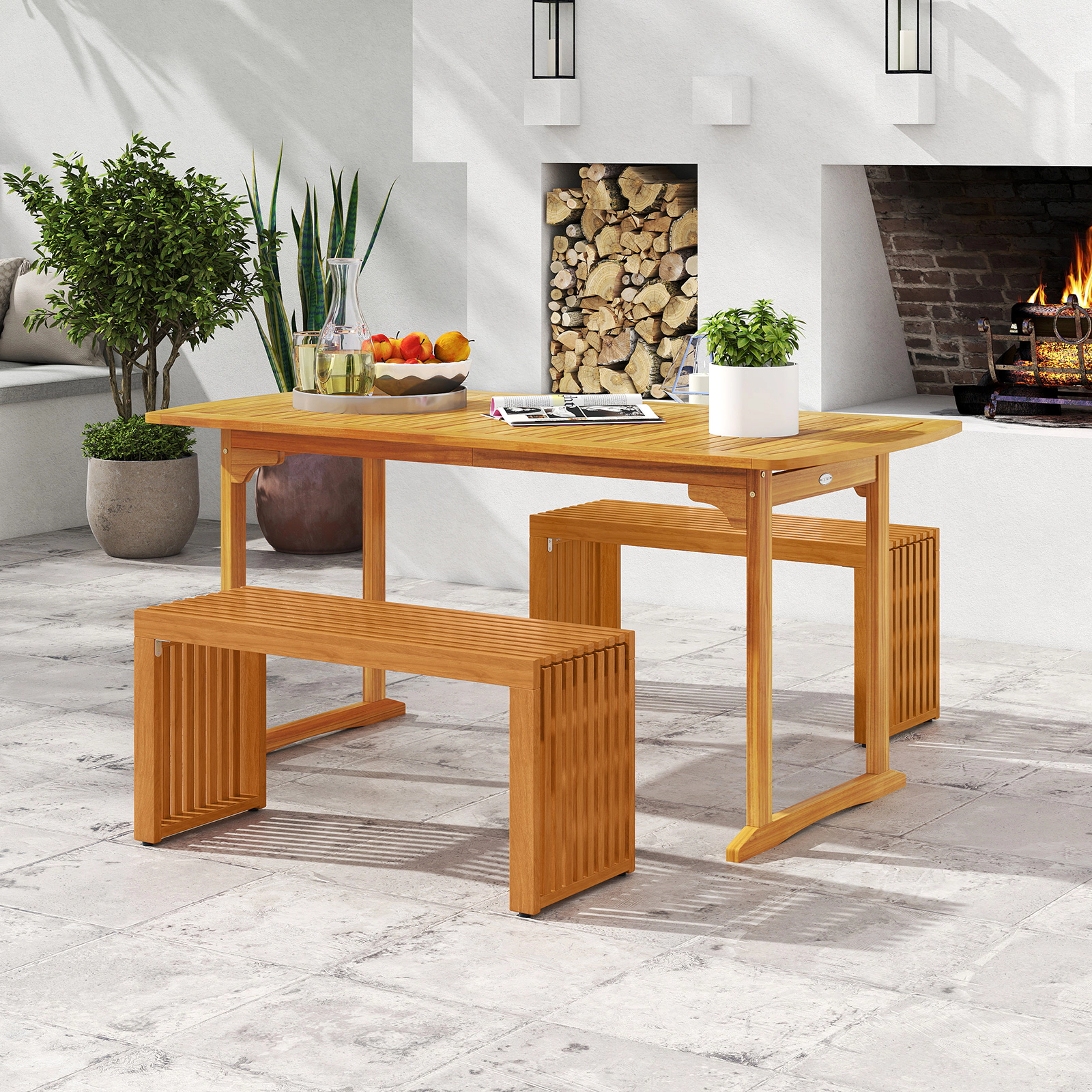 LJG 36 Inch Patio Bench All-Slat Acacia Wood Loveseat