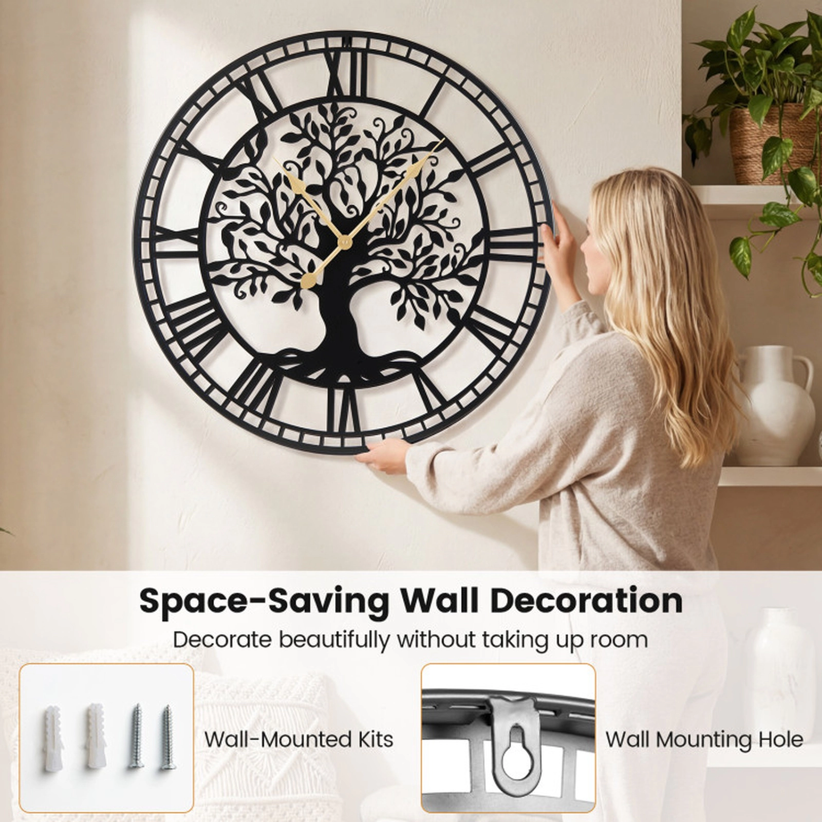 SUGIFT 27-in Tree of Life Metal Wall Clock with Non-Ticking Quartz Movement Black