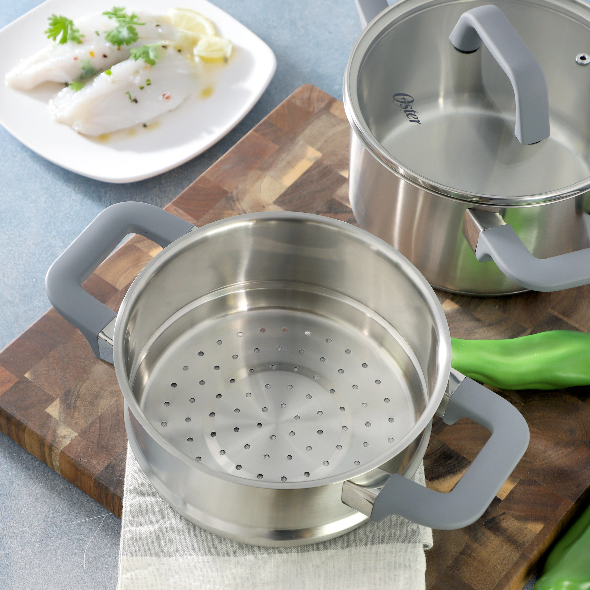 Oster Beauford 3 Piece 2.9 Quart Stainless Steel Steamer Set with Lid