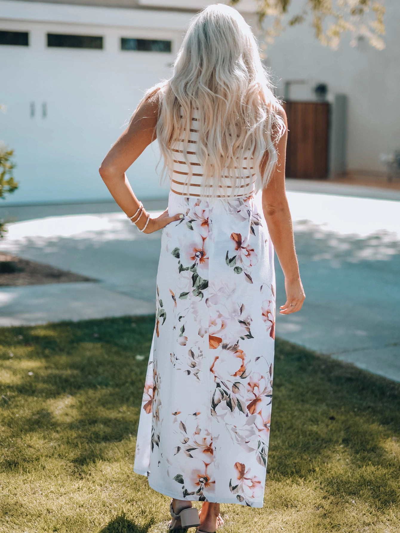 Threaded Pear Women's Zora Striped Floral Sleeveless Maxi Dress with Pocket