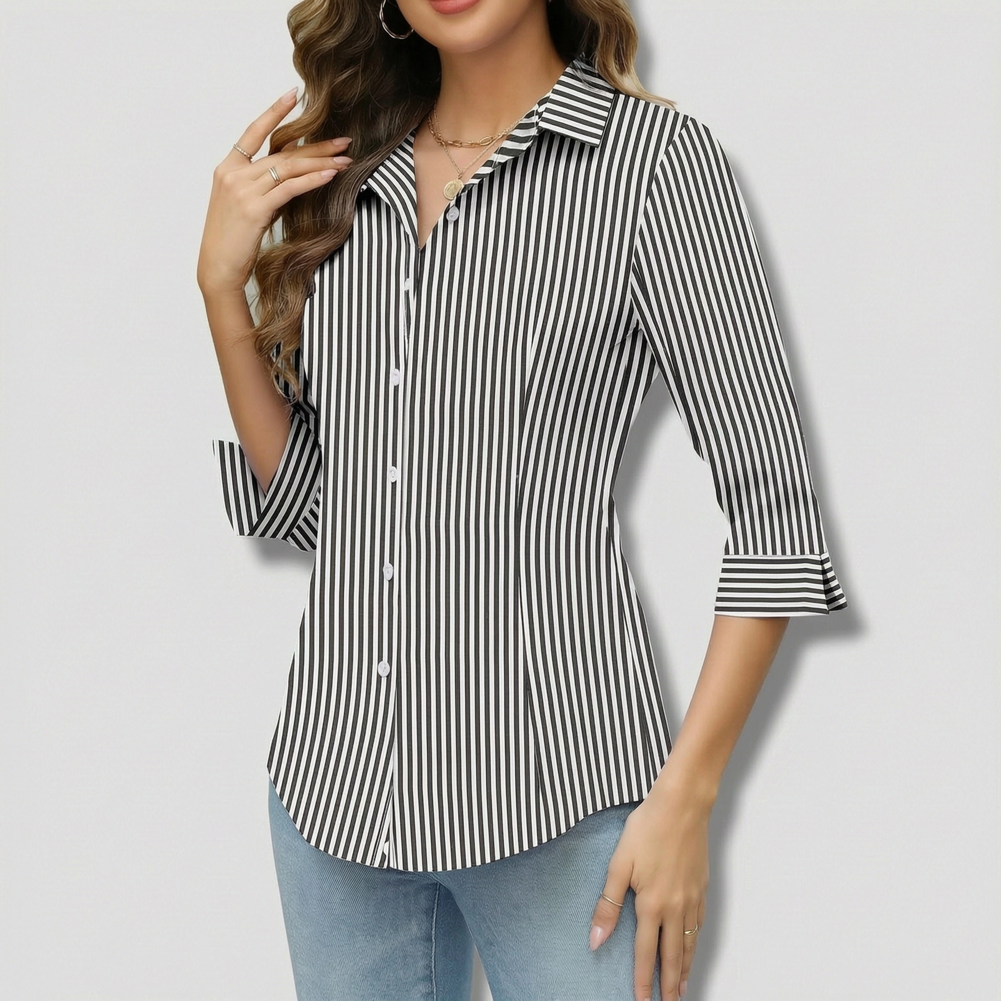 Zeagoo Women Button Up Shirts 3/4 Sleeve Business Shirt Slim V Neck Work Blouse