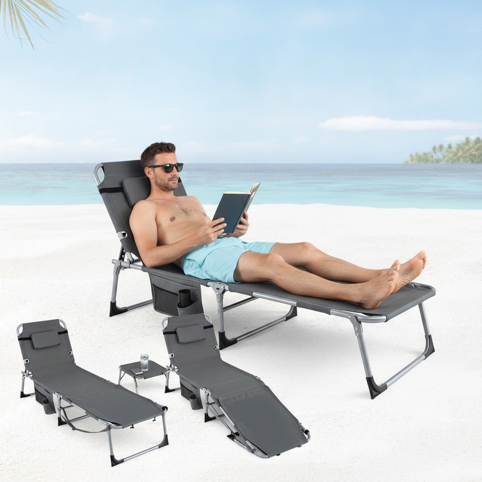 SUGIFT Portable Sun Lounge Chair, U-Shaped Face Opening, 4-Position Reclining Backrest, Gray