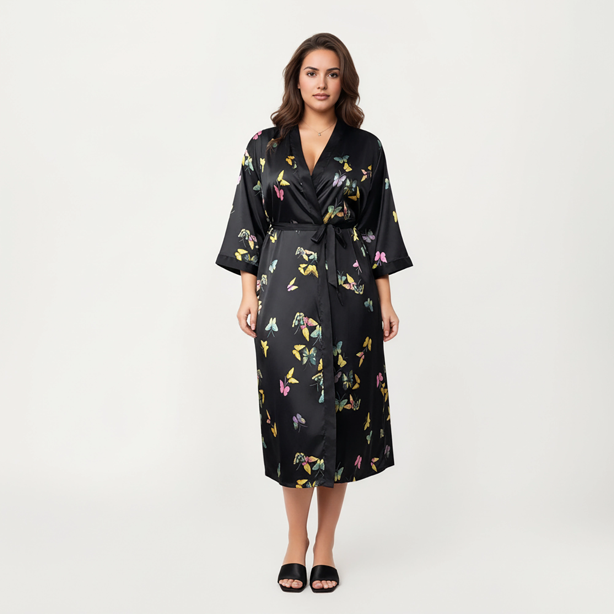 Anna-Kaci Women's Plus Butterfly Print Satin Robe with Wrap Front Design Wide Sleeves and Adjustable Tie Waist Belt
