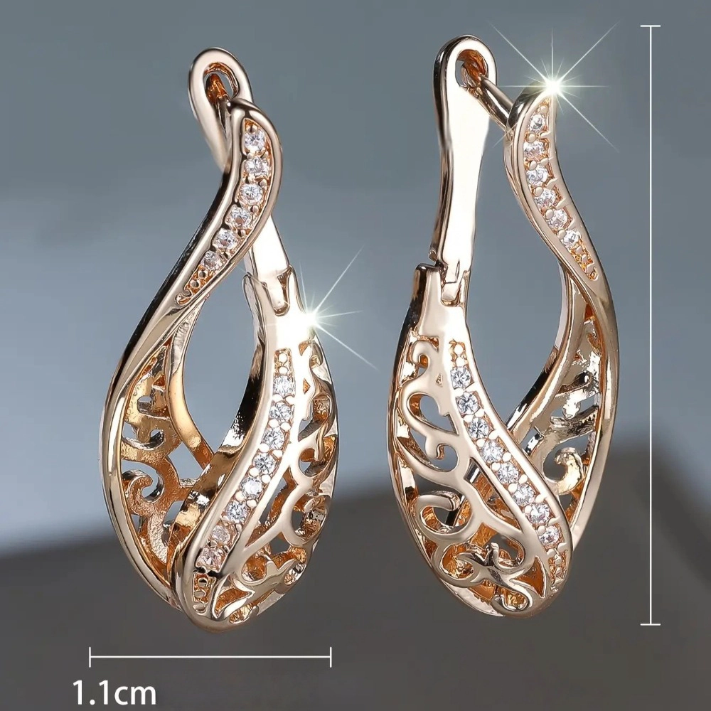 Rose Gold Hollow Filigree Twist Cubic Zirconia Huggie Drop Earrings for Women