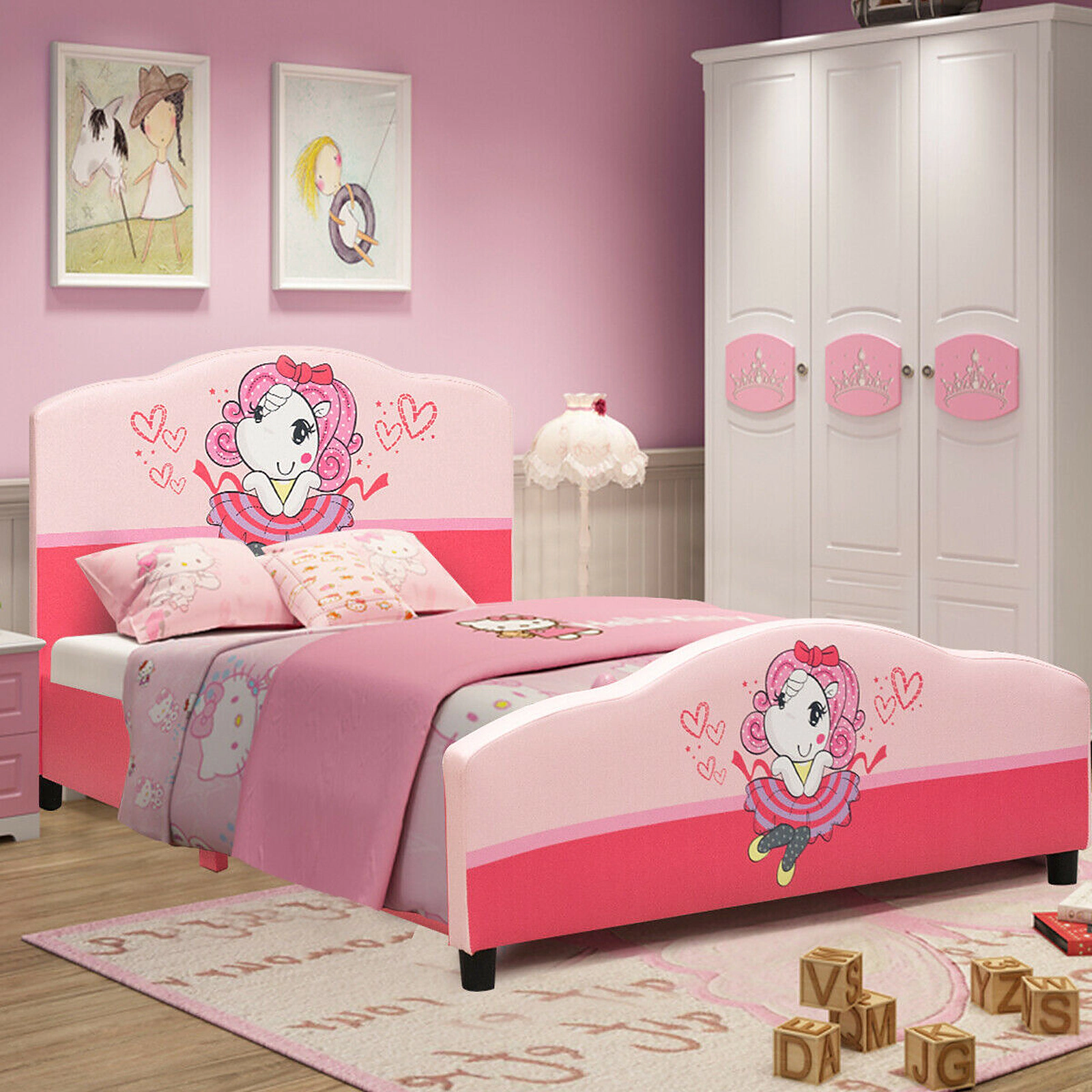 SUGIFT Girls Twin Size 350-lb Bed Capacity Upholstered Kids Bed Frame with Cartoon Headboard and Footboard Pink