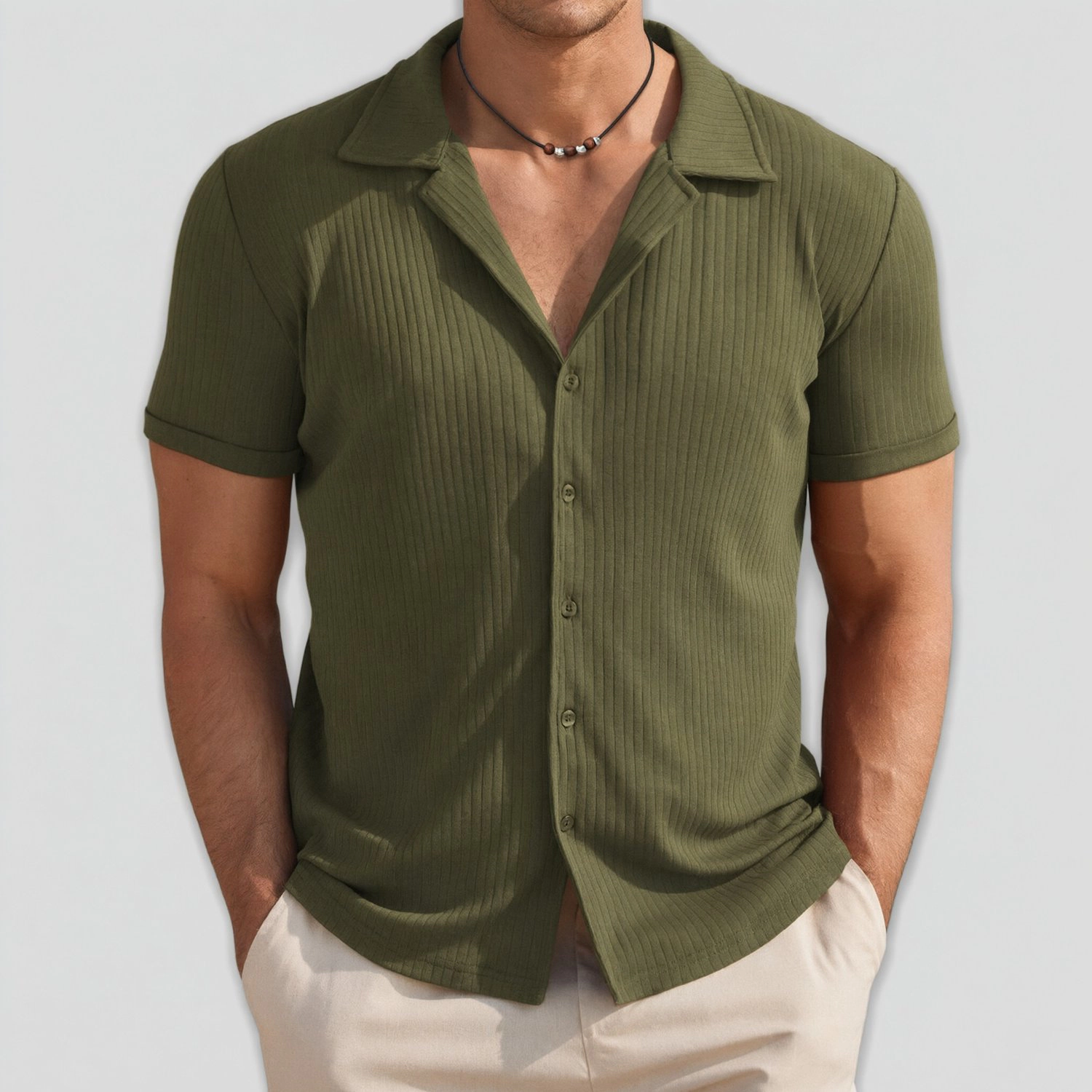COOFANDY Mens Short Sleeve Button Down Shirt  Lapel V Neck Ribbed Casual Tops