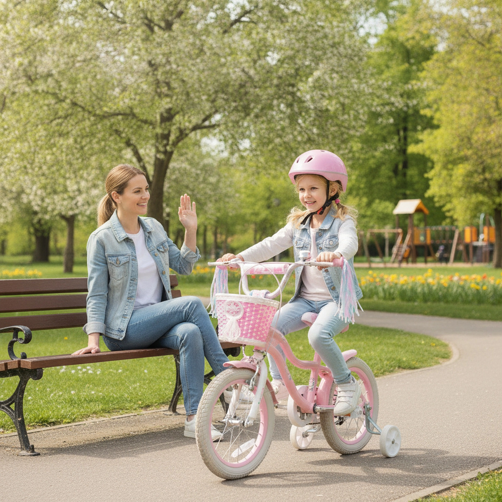 16-in Girls Kids Bike Removable Training Wheels Front Basket Ages 4-7 Pink Bicycle Mudguards 110-lb Seat Capacity