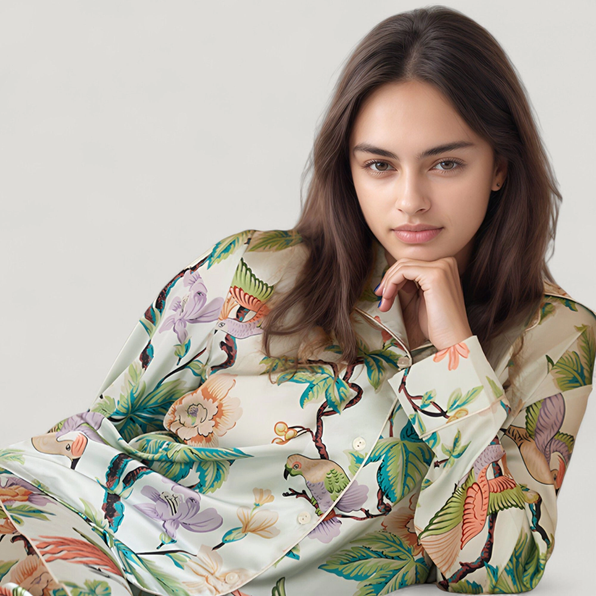 Anna-Kaci Women's Bird and Floral Print Pajama Set with Button Down Long Sleeve Top Relaxed Fit Woven Pants
