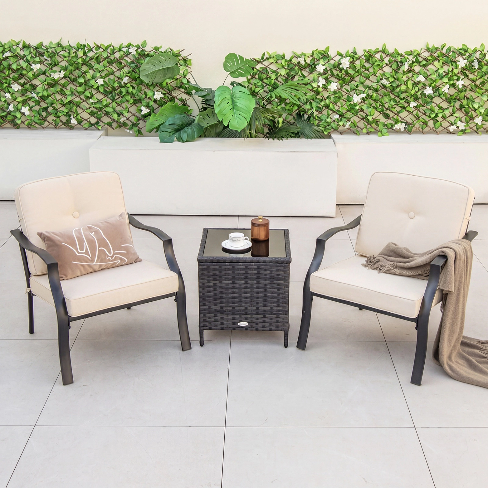 SUGIFT 2-Piece Patio Metal Chairs with Seat and Back Cushions 330-lb Capacity Black Frame Gray Cushions Beige