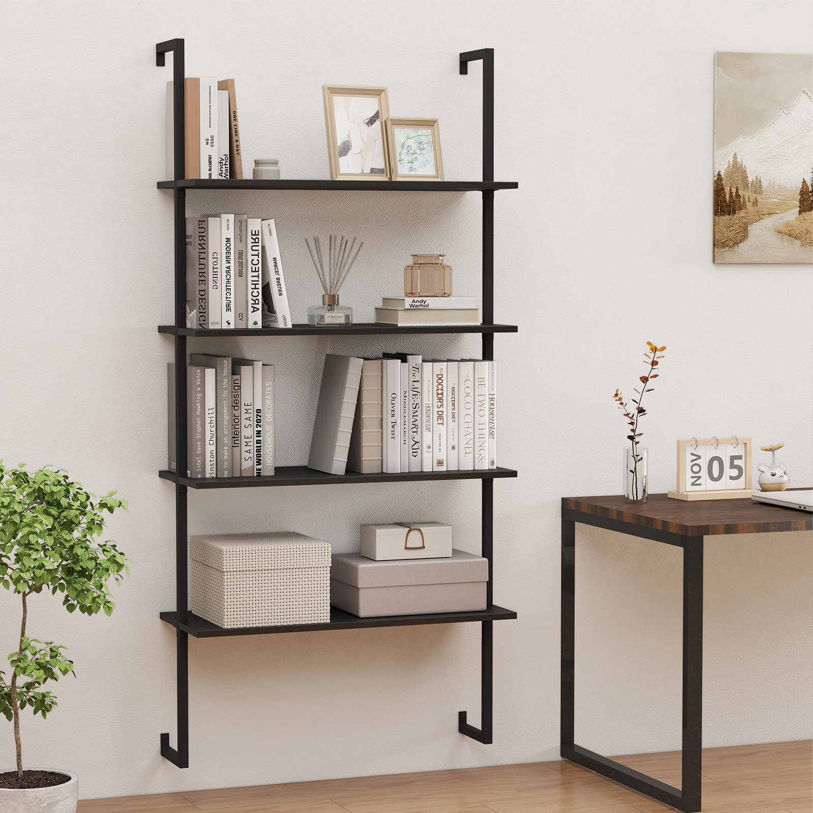 SUGIFT 4-Tier Wall Mounted Ladder Bookcase 44-lb Shelf Capacity Black Rustic Brown