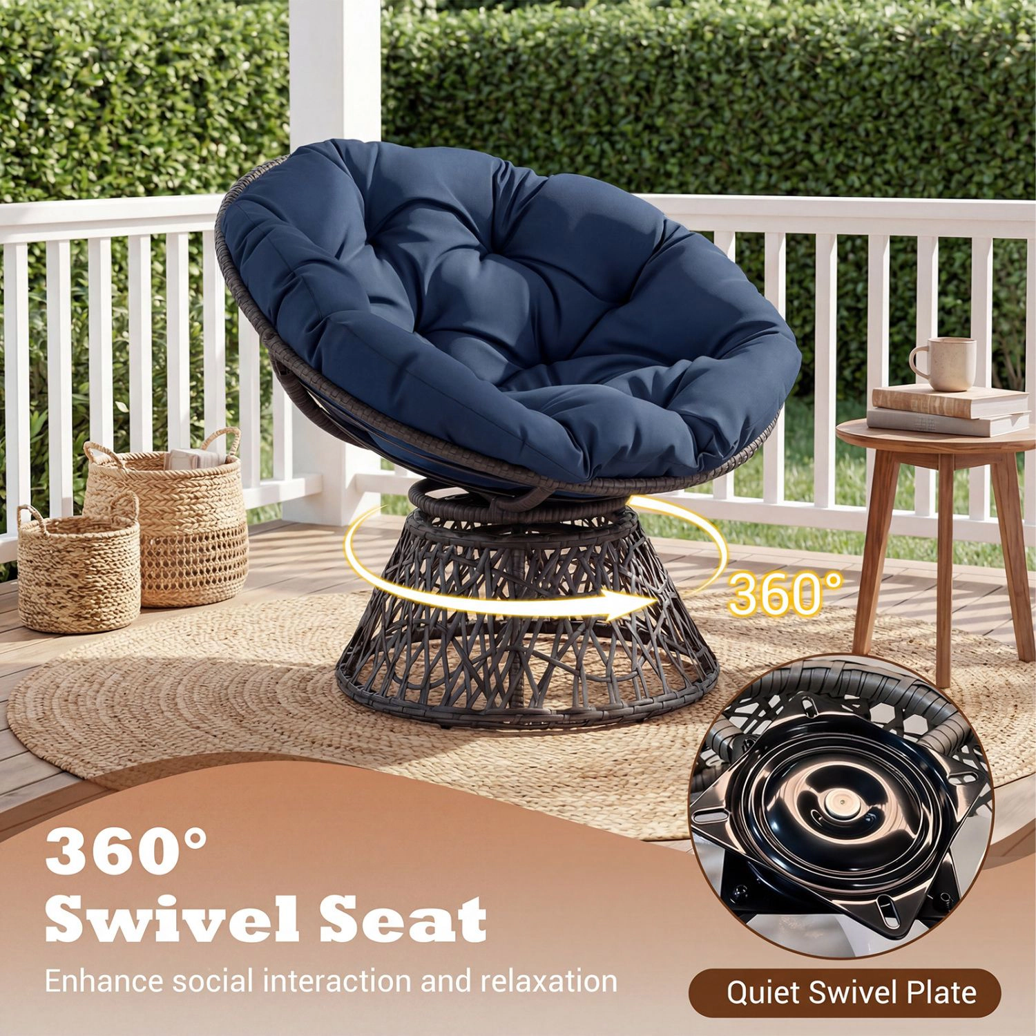 SlickBlue Unisex Round Swivel Papasan Chair With Cushion