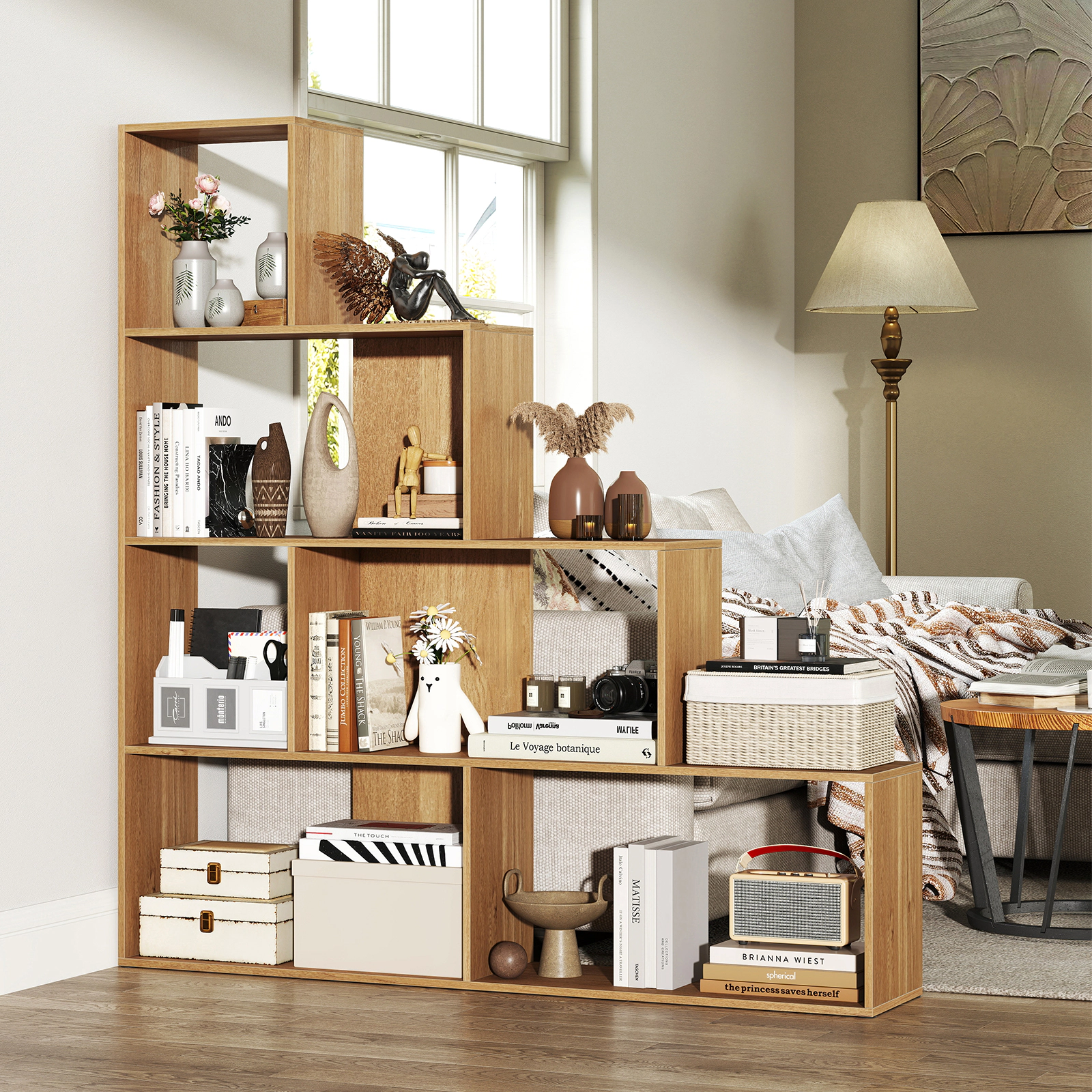 LJG 4-Tier Bookshelf Stair Bookcase with 6 Cubes Display Rack
