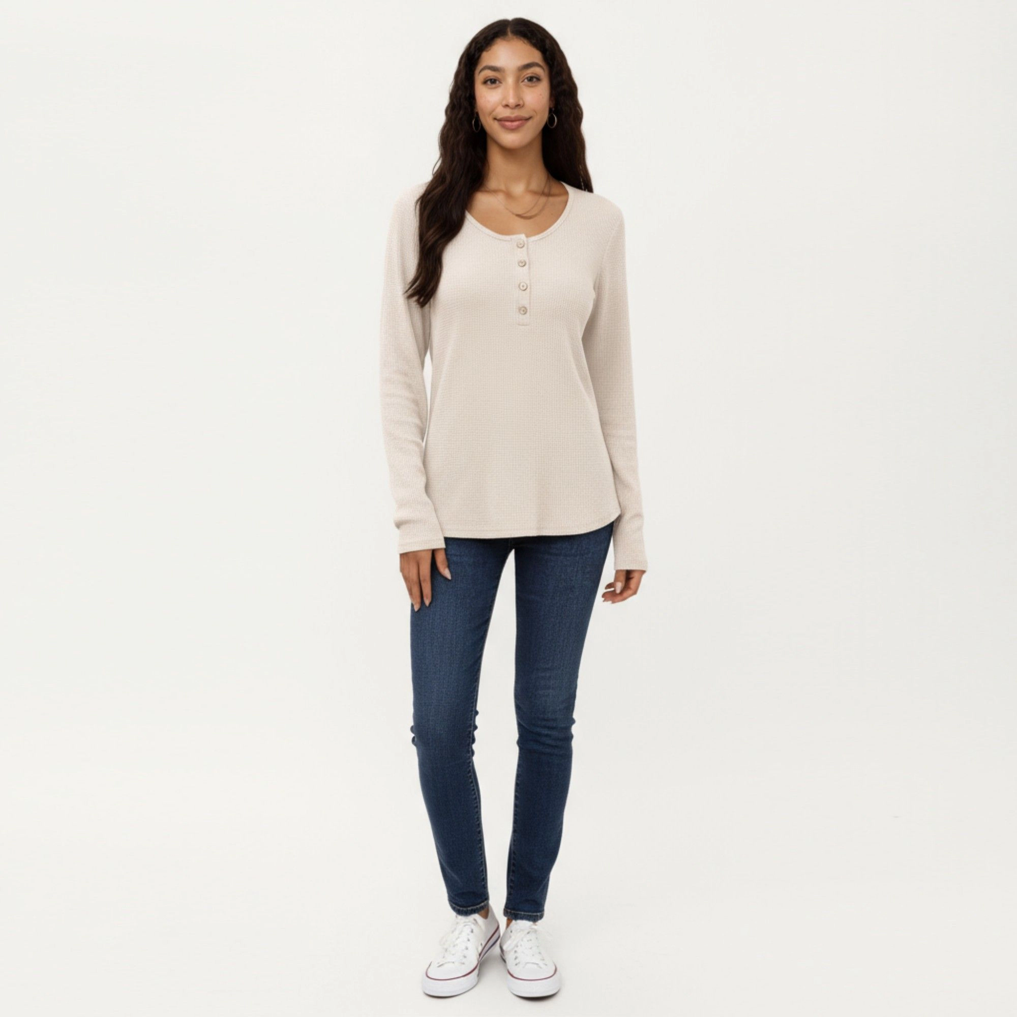 Anna-Kaci Women's Textured Knit Scoop Neck Button Front Long Sleeve Top