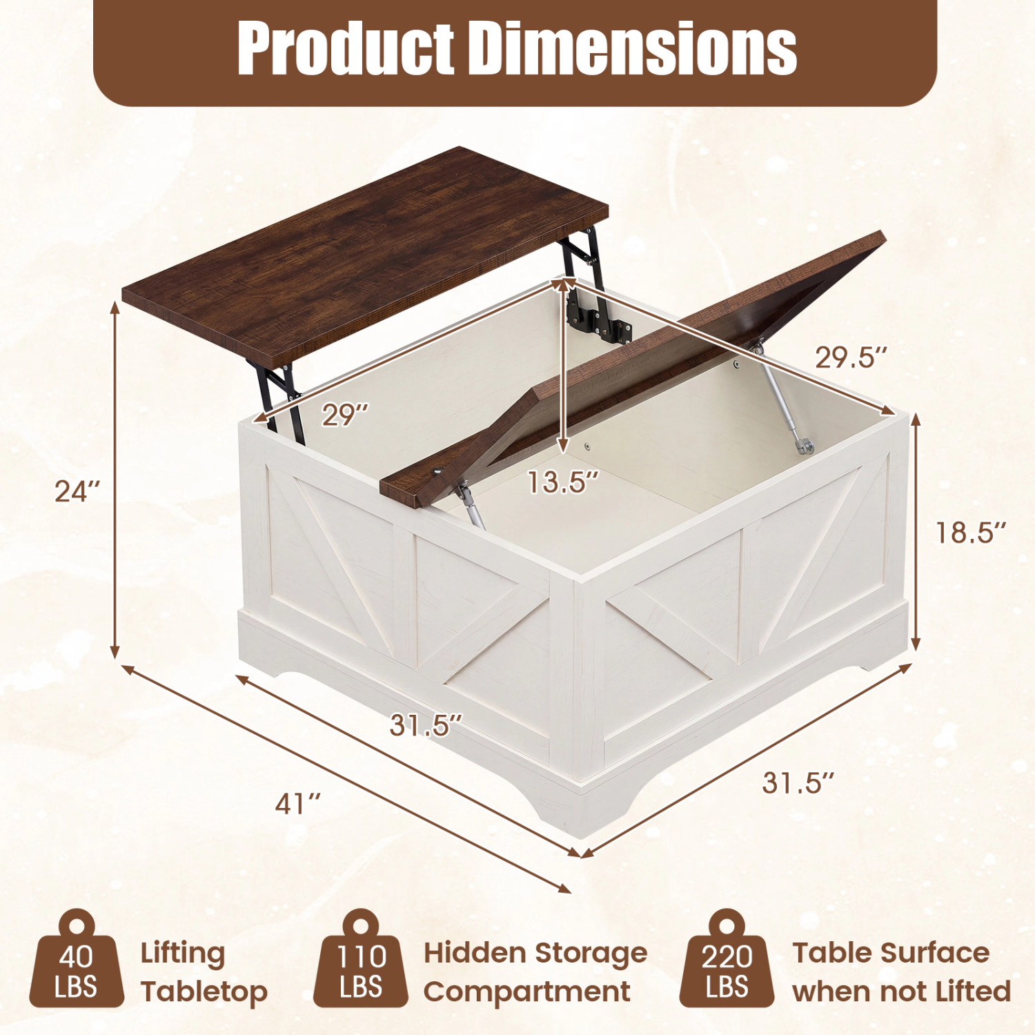 Glintex Farmhouse 31.5-Inch Square Lift-Top Table with Barn Door Panels, Rustic Brown + White