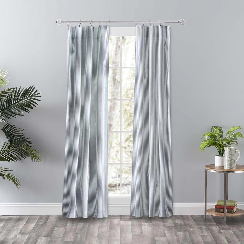 Ellis Curtain Plaza Classic Ticking Stripe Printed on Natural Ground 3" Rod Pocket Tailored Panel Pair 56" x 84" Blue