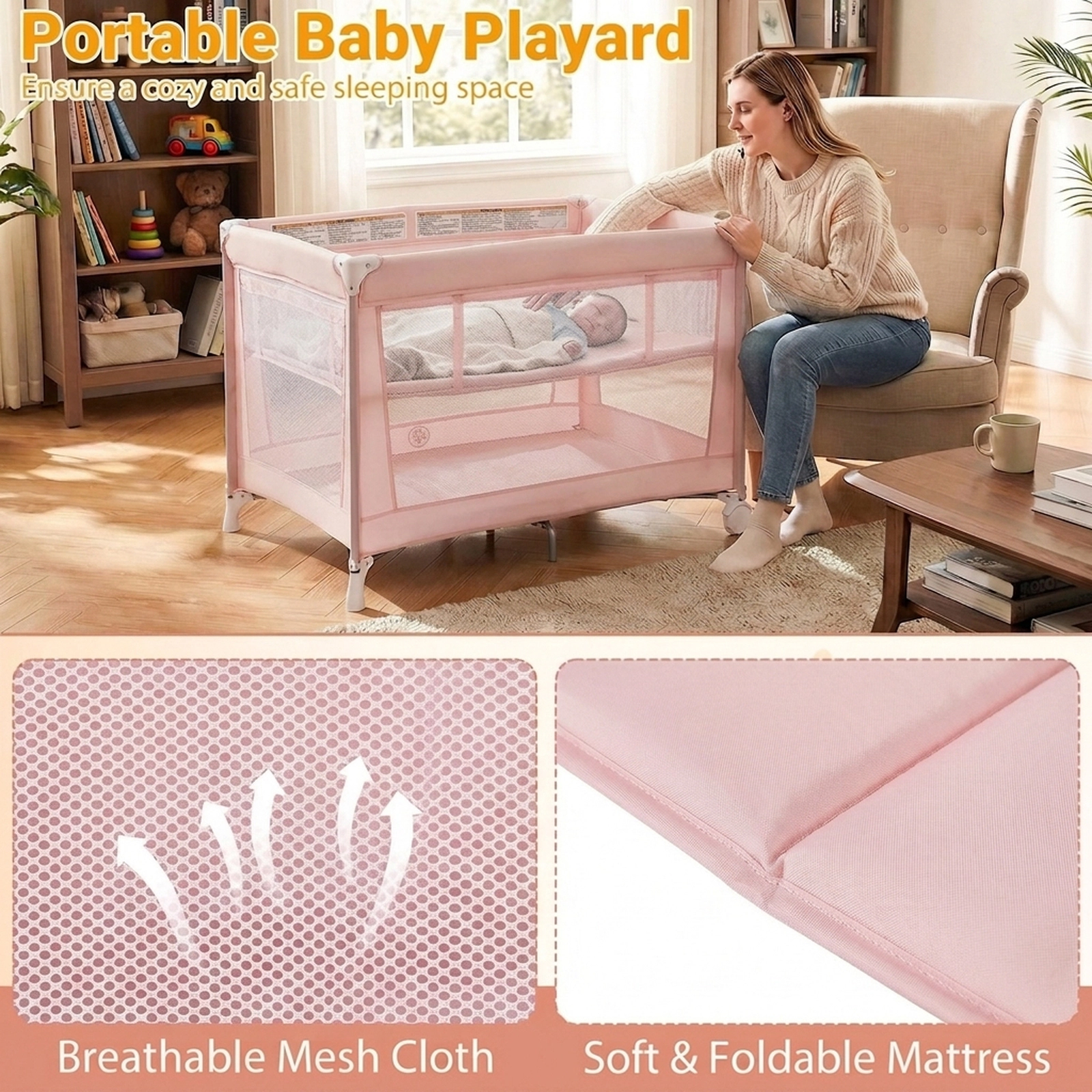 SUGIFT Folding Baby Playard Travel Crib with Soft Mattress 30-lb Playpen 15-lb Bassinet Capacity Ages 0-3 Years Pink