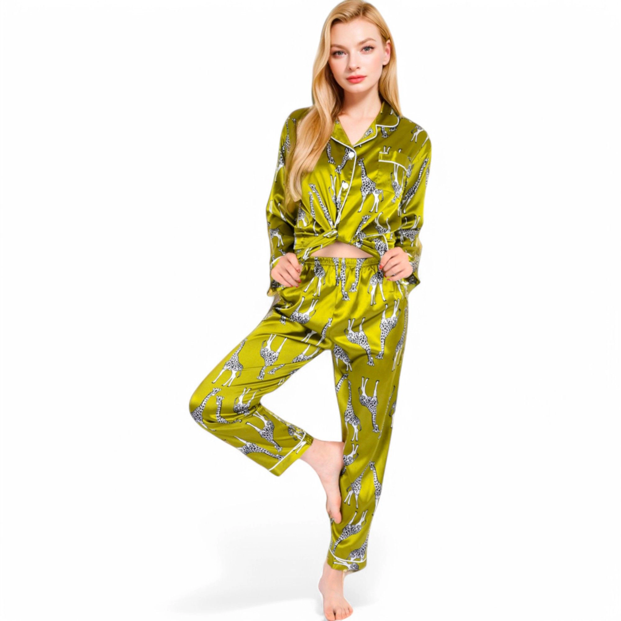 Anna-Kaci Women's Satin Pajama Set with Giraffe Print and Button Down Top
