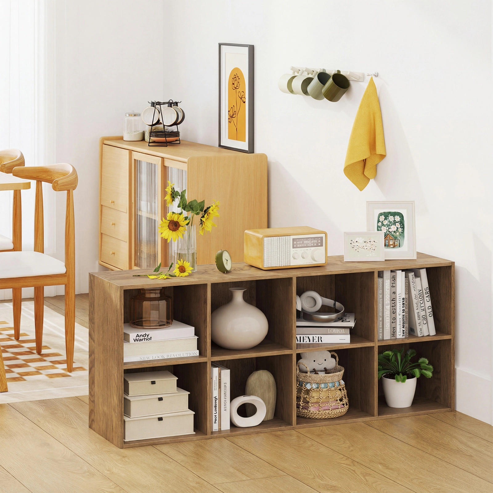 SUGIFT Natural 8-Cube Bookcase 48 in Wide with 180-lb Countertop and Anti-Tipping Kits