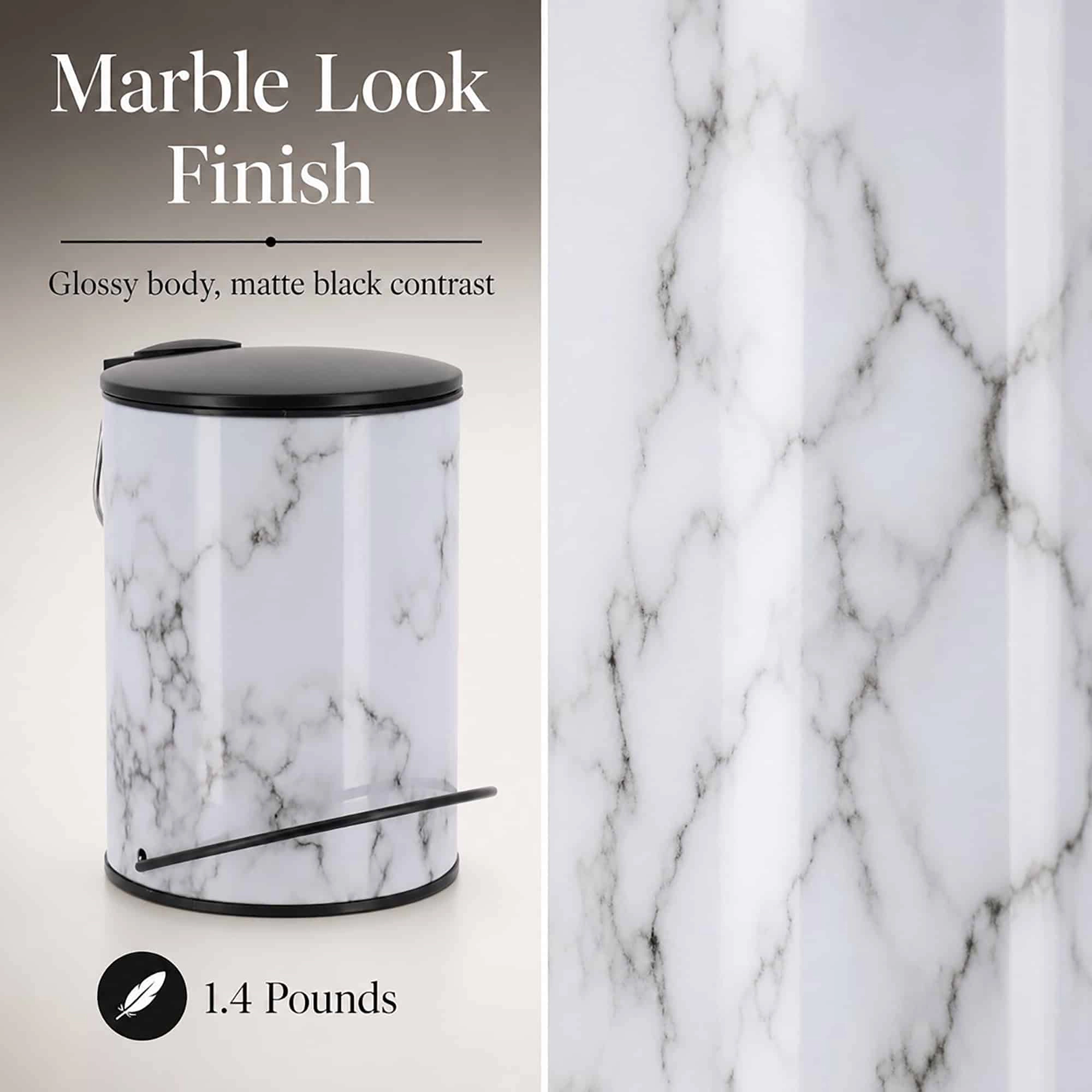 Evideco French Home Goods Carrara Noir Marble-Look 3 L Metal Pedal Trash Can