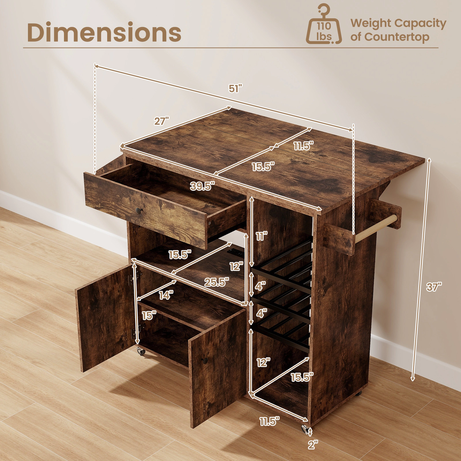 SUGIFT Rustic Brown Drop Leaf Rolling Kitchen Island Cart with Power Outlet USB Port and Wine Rack