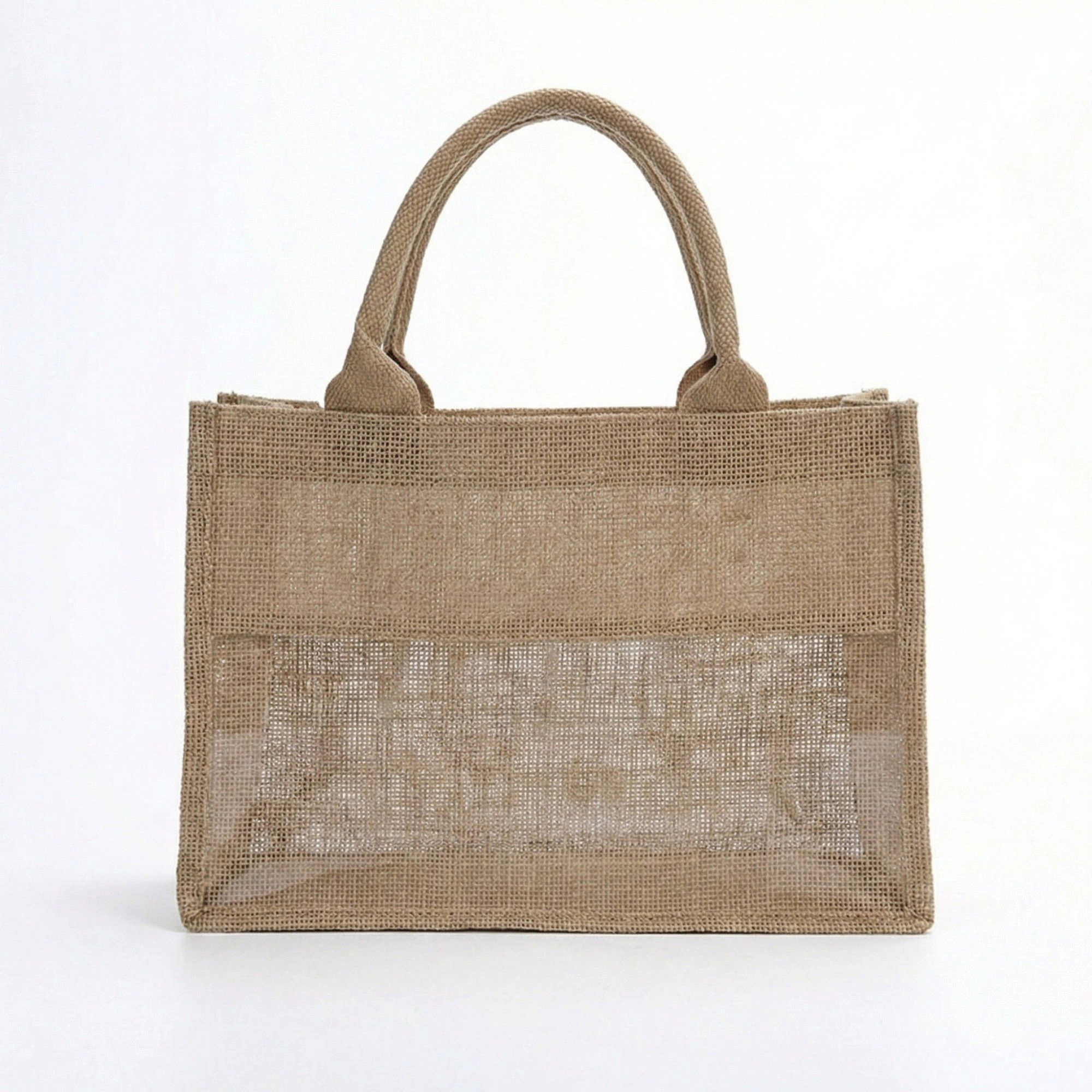 Alilang Women's Linen Blend Tote Bag with Structured Shape Clear Window Panel and Double Top Handles 4.3x11.8x8.3in