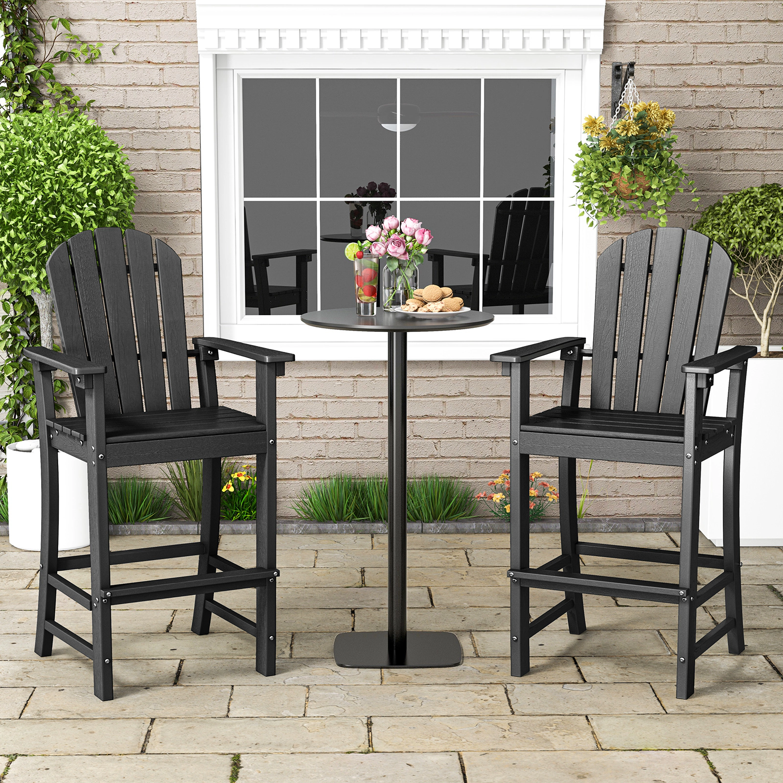 SUGIFT Set of 2 Black 30-Inch HDPE Outdoor Bar Stools with Armrests and Footrests