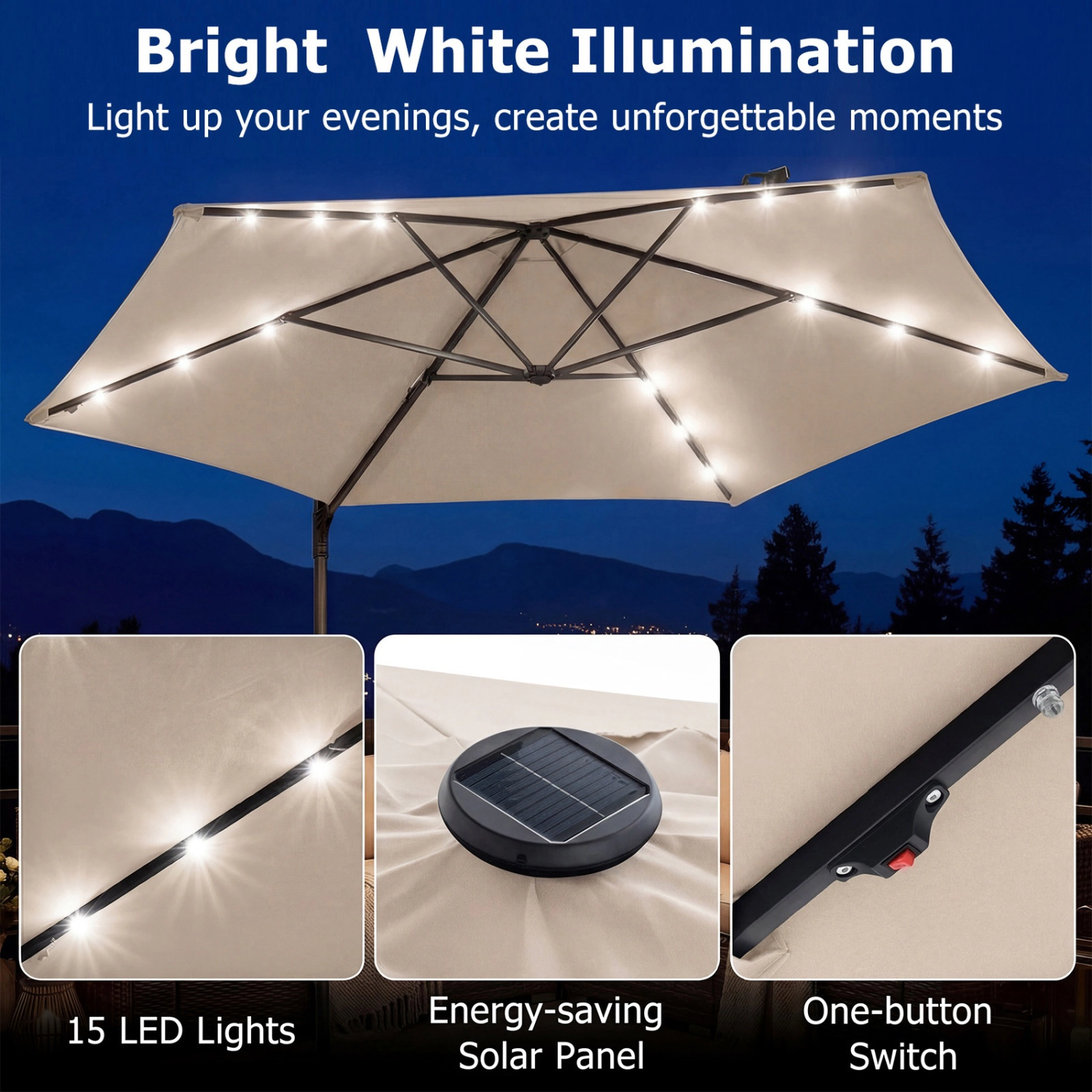 SUGIFT 10-ft 360° Swivel Cantilever Patio Umbrella with Solar LED Lights and Manual Lift Beige
