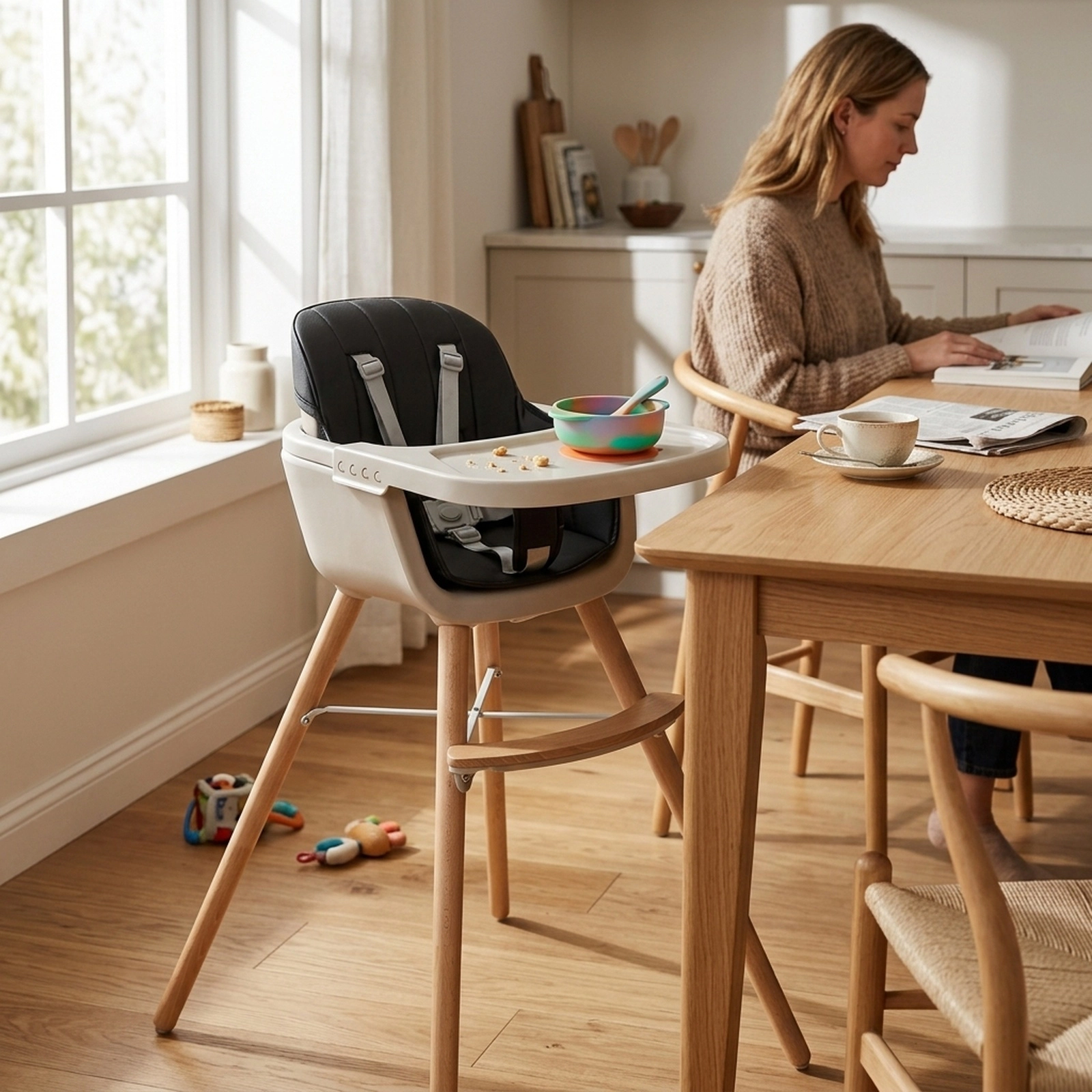 3-in-1 Convertible High Chair for Babies and Toddlers with Food-Grade PP Tray Dual Safety Baffle and Beech Wood Legs