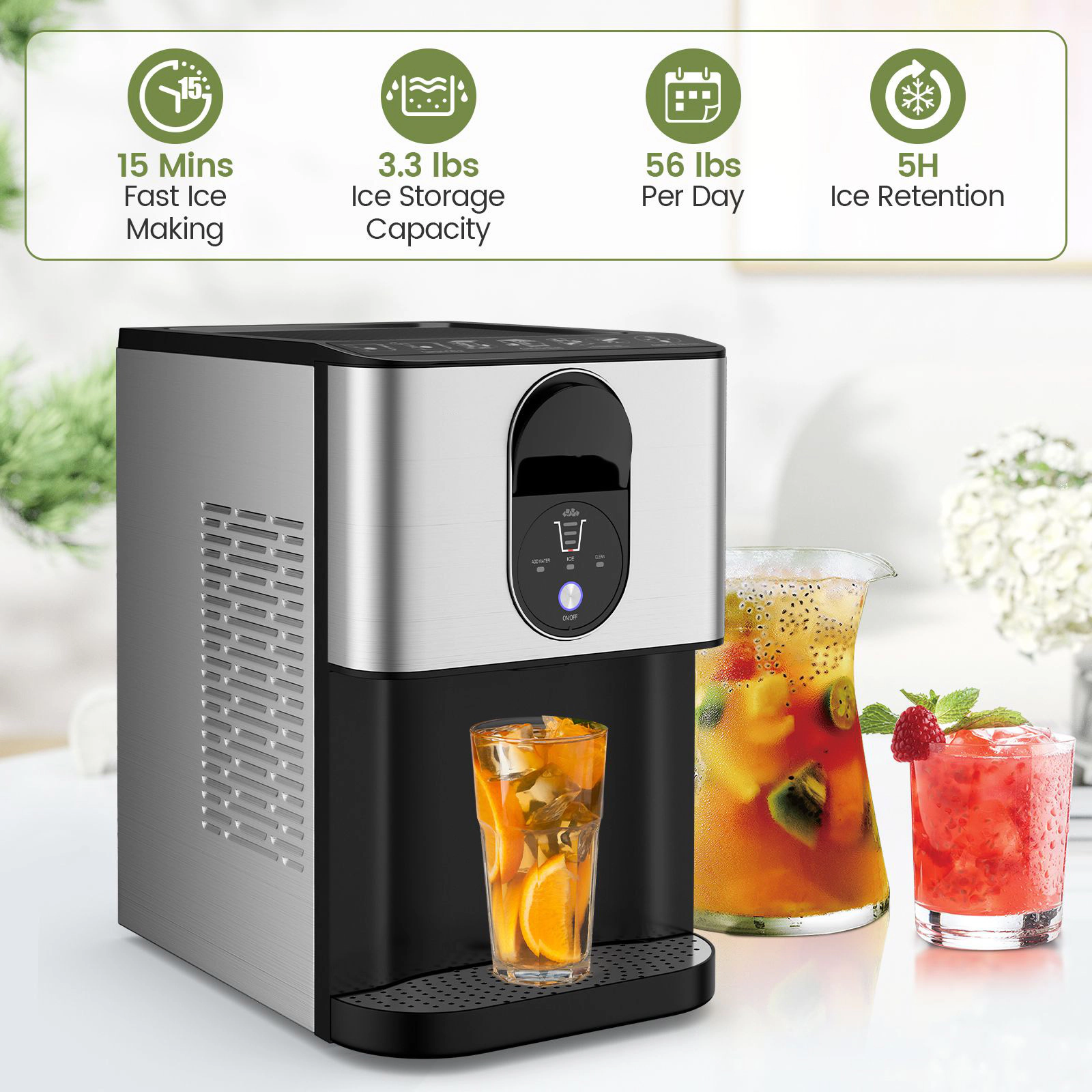 SlickBlue Silver Nugget Ice Machine, 56 Lbs Daily, 15-Minute Cycle