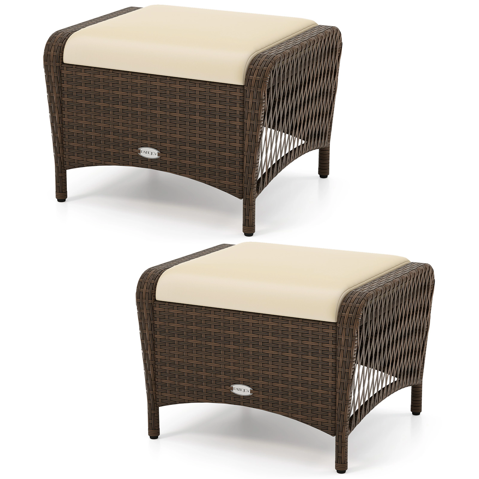 LJG Set of 2 Outdoor Patio PE Wicker Ottomans with Removable Cushions