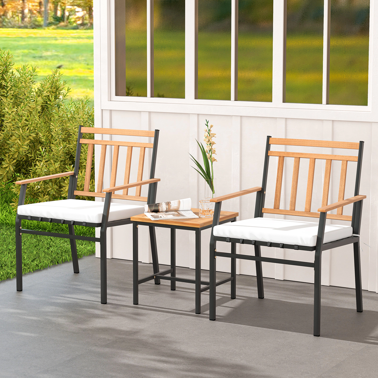 LJG 3 Pieces Outdoor Furniture Set Acacia Wood Patio Conversation Set with Cushions
