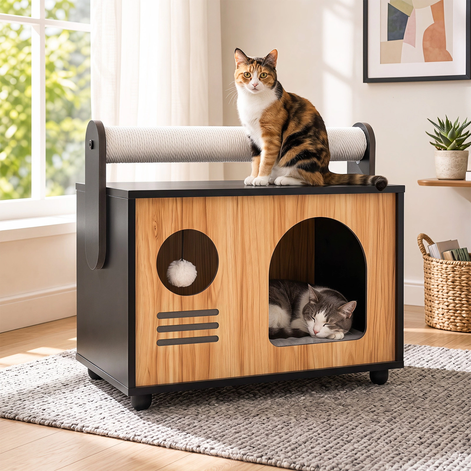 SUGIFT Black Wooden Cat House with Rope Scratching Post and Washable Cushion 19-in W 12-in D 17.5-in H