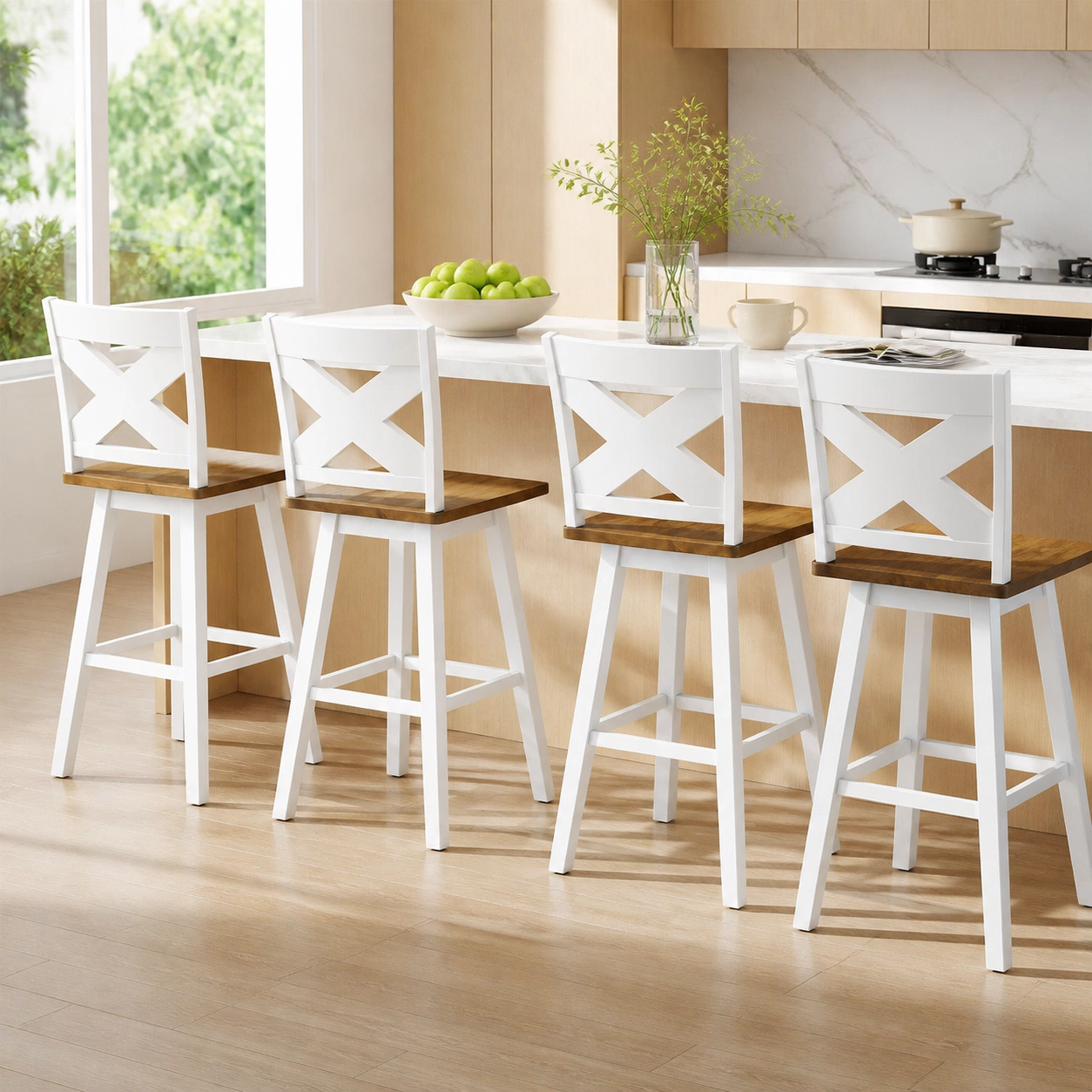 SUGIFT Set of 4 29-Inch Swivel Bar Stools, Rubberwood, Extra-Large Seat, Curved Back, White and Walnut