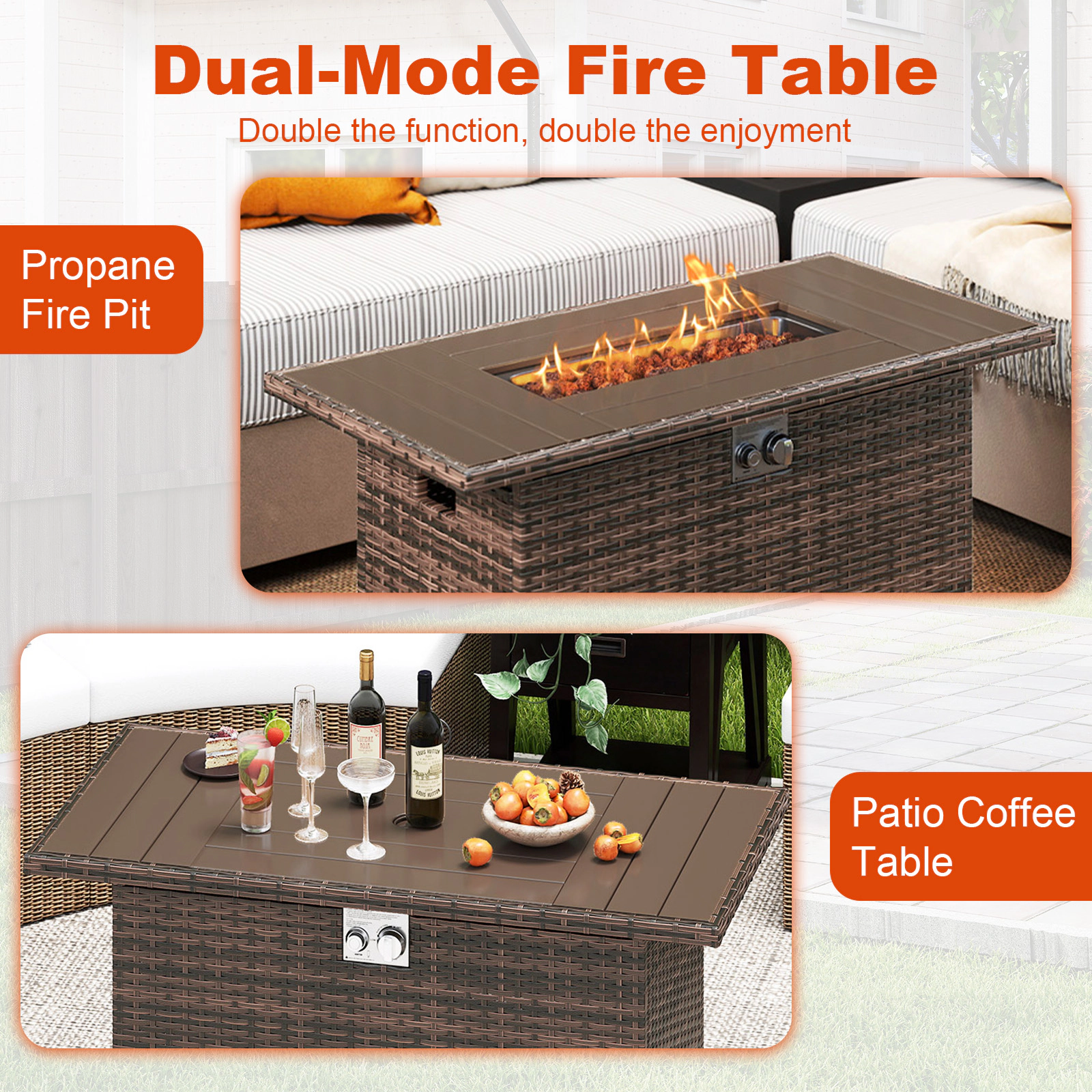 SUGIFT 44.5 Inch Propane Fire Pit Table Brown Rattan 2-in-1 with Stainless Burner