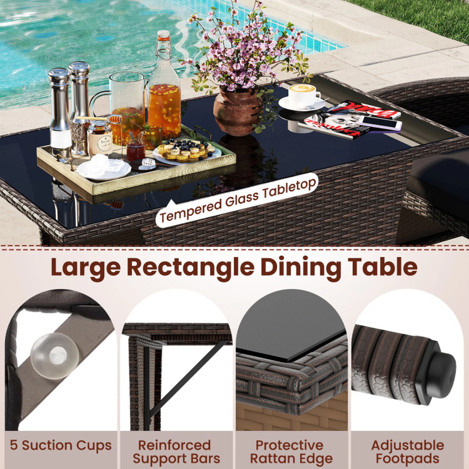 SUGIFT 3 Piece Patio Wicker Dining Set with Rectangle Tempered Glass Dining Table 400-lb Chairs Mix Brown/Gray