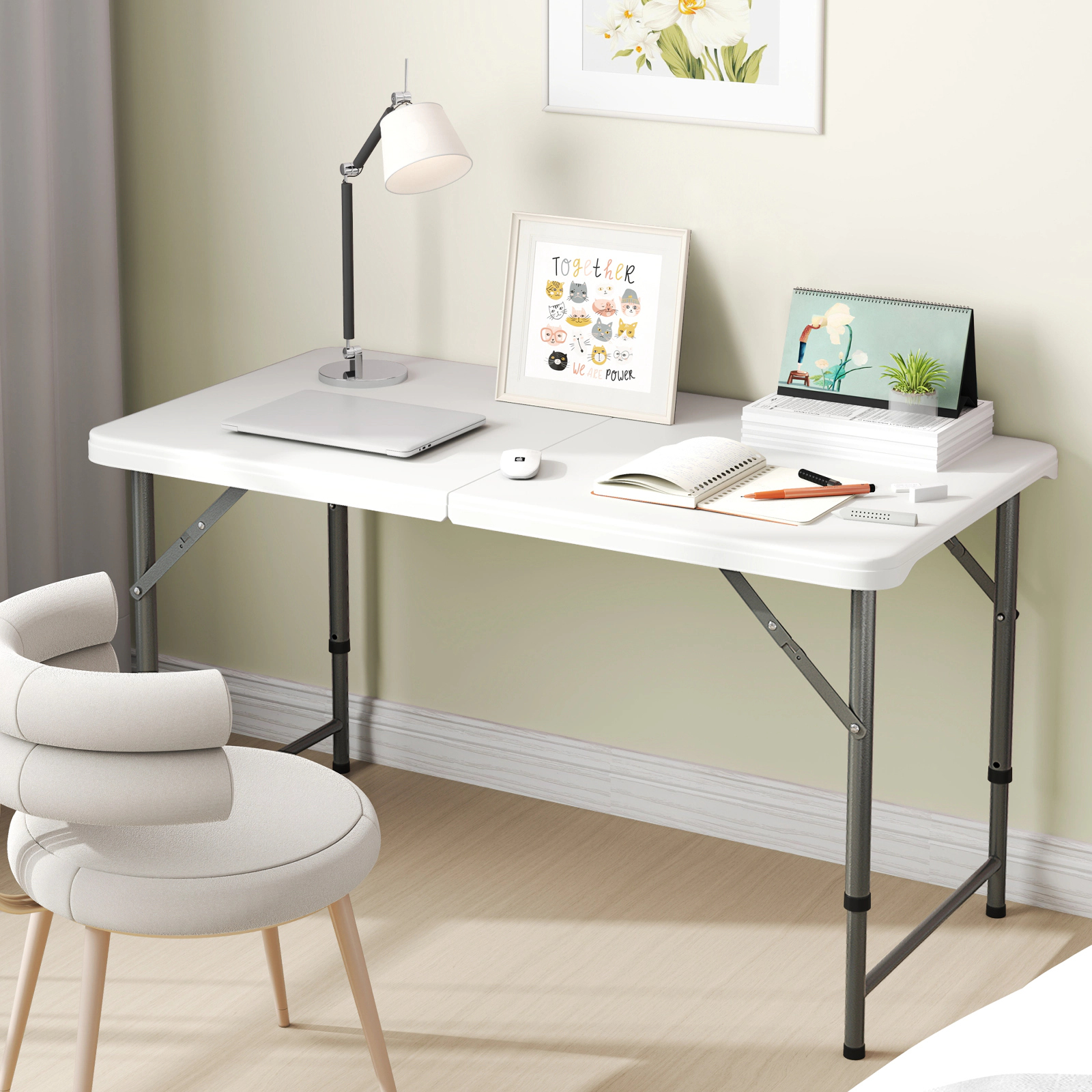 SUGIFT 4-Feet Adjustable Camping Table with HDPE Tabletop and Metal Legs 220-lb Capacity White 48 x 24-in Surface