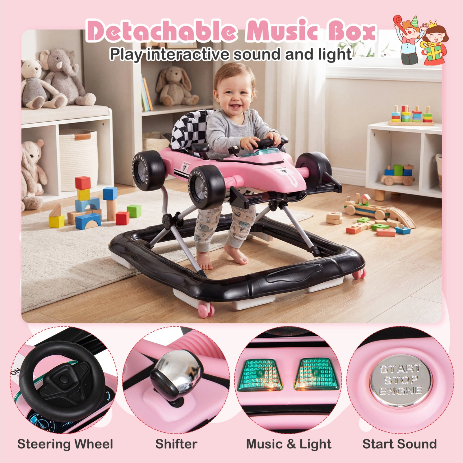SUGIFT 4-in-1 Height-Adjustable Baby Push Walker Activity Center with Music Box 26.5-lb Capacity Ages 6-18 Months Pink