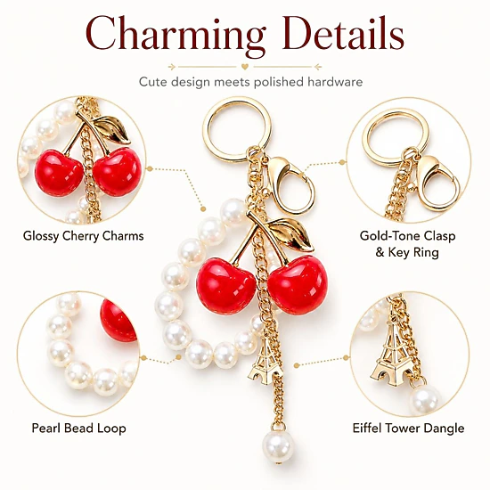 Alilang Women's Cherry Bag Charm Keychain with Faux Pearl Loop and