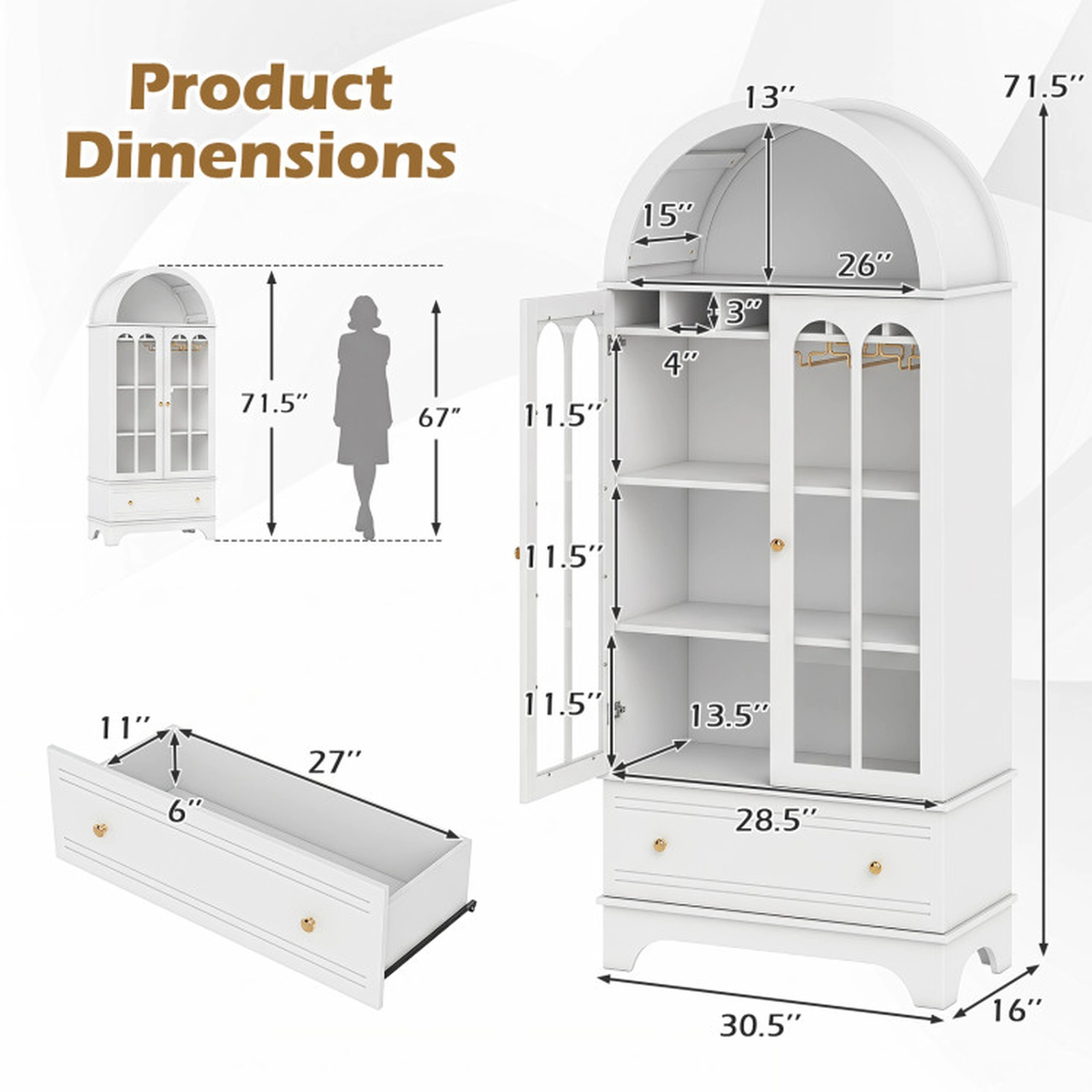 SUGIFT 5-Tier Arched Glass Doors 6-Bottle Rack 9 Stemware Holders Wine Cabinet 30.5-in x 16-in x 71.5-in White