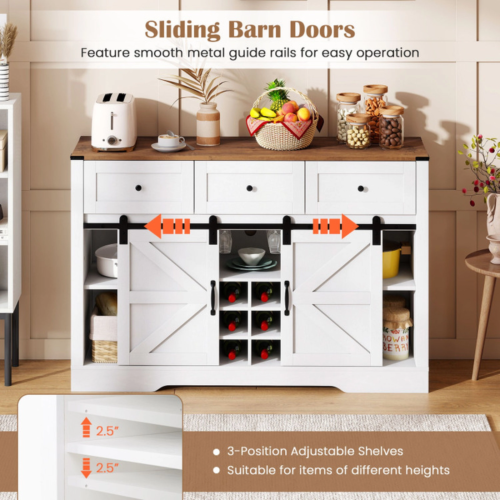 SUGIFT 52-in 240-lb Shelf Liquor and Wine Cabinet with LED Lights Remote Control and Sliding Barn Doors