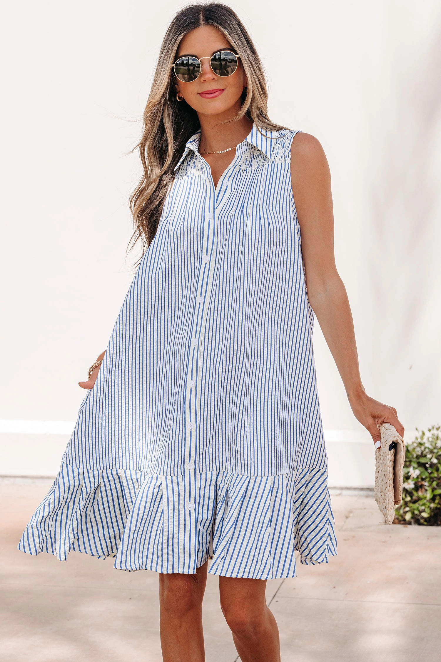 Threaded Pear Womens Noa Stripe Ruffle-Hem Mini Dress - Sky Blue Stripe