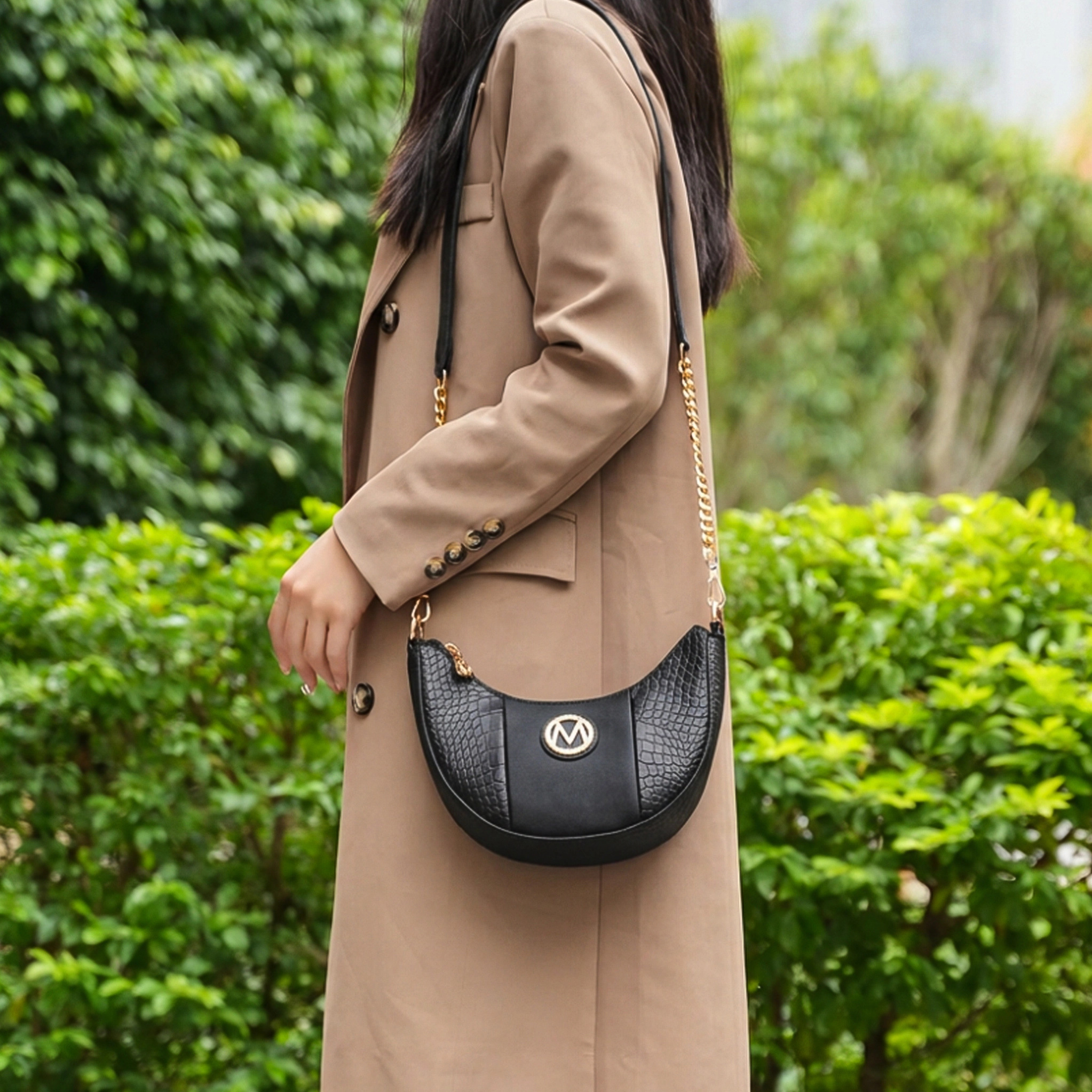 Mia K Collection Amira Crescent Vegan Leather Shoulder Bag - Croc-Embossed Half-Moon with Chain Strap