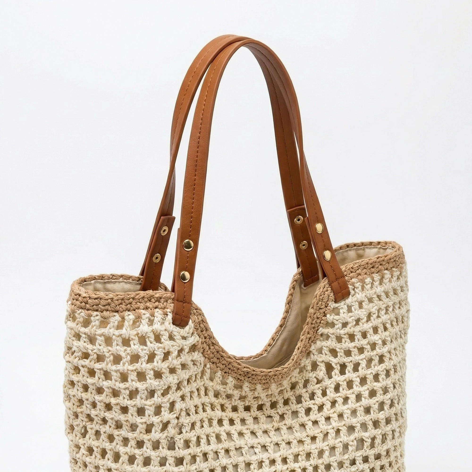 Alilang Women's Crochet Knit Tote Bag with Open Weave Design Dual Shoulder Straps and Contrast Trim Detail