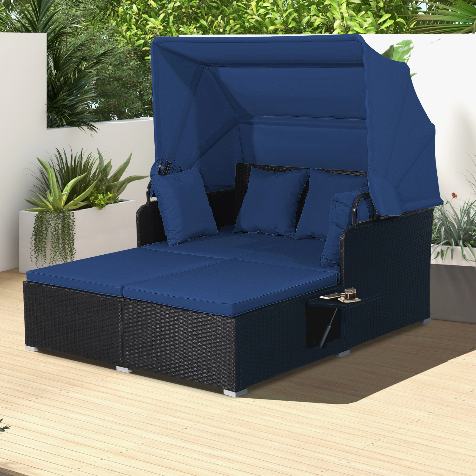 SUGIFT Gray PE Wicker Round Patio Daybed with Retractable Canopy and Table 75-in Dia 57.5-in H 800-lb Sofa Capacity