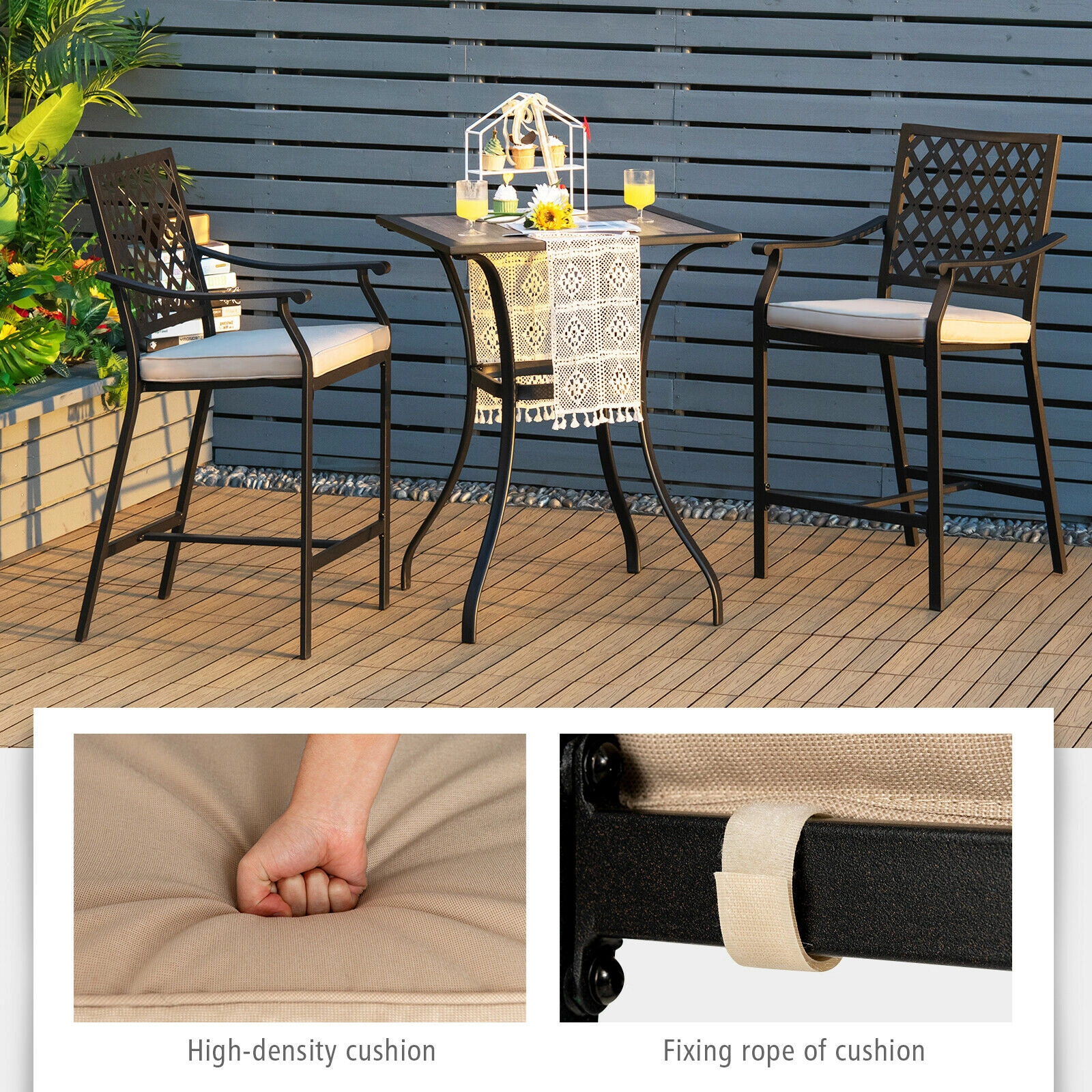 SUGIFT 2-Piece Outdoor Patio Bar Stool Set with Cushions and Armrests 330-lb Capacity 43-in Height Black Beige